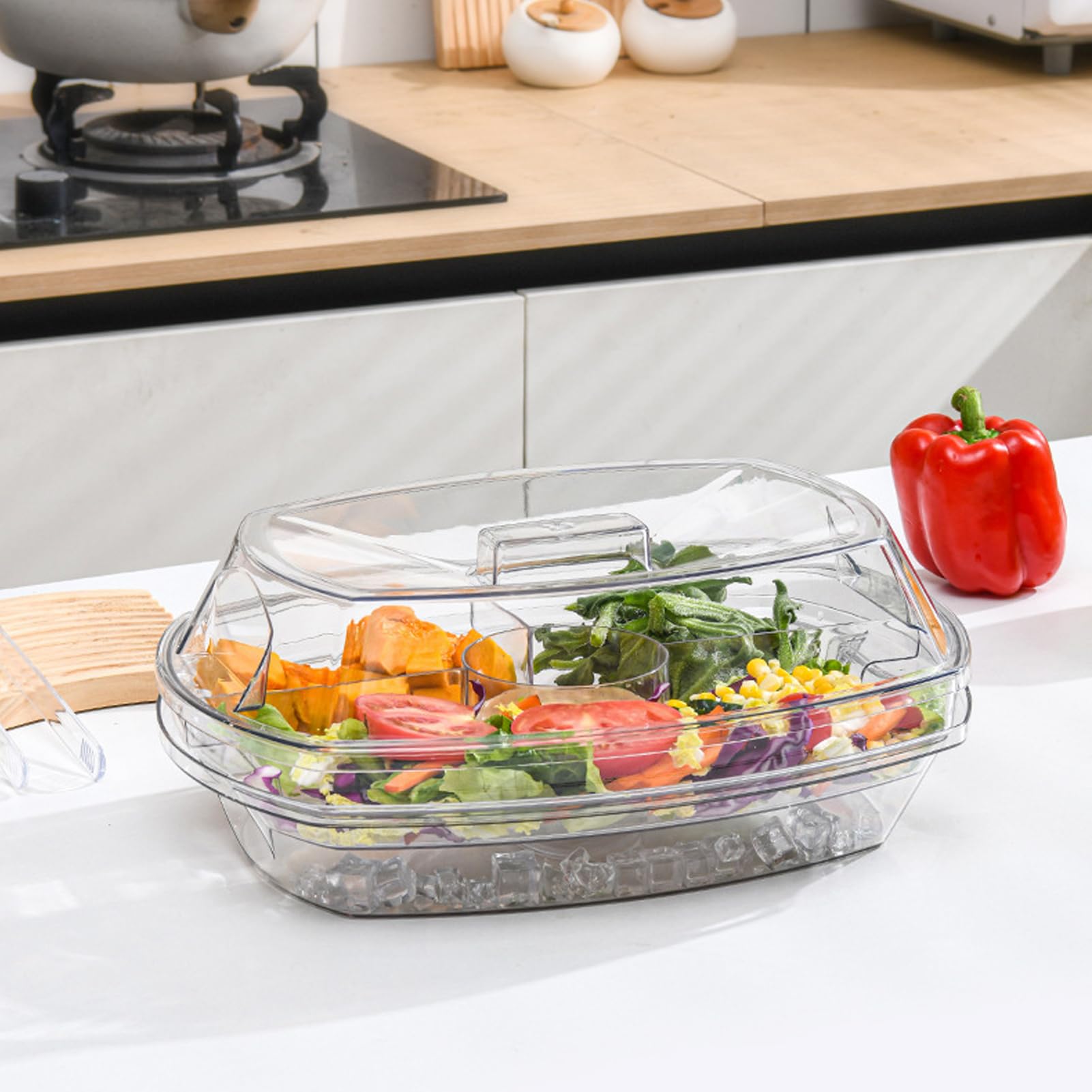 Bandeja de servir fría con tapa, 4 compartimentos, plato de frutas dividido para fiestas, picnics, aperitivos, postres, mariscos y camarones, perfecto para almacenamiento en el refrigerador