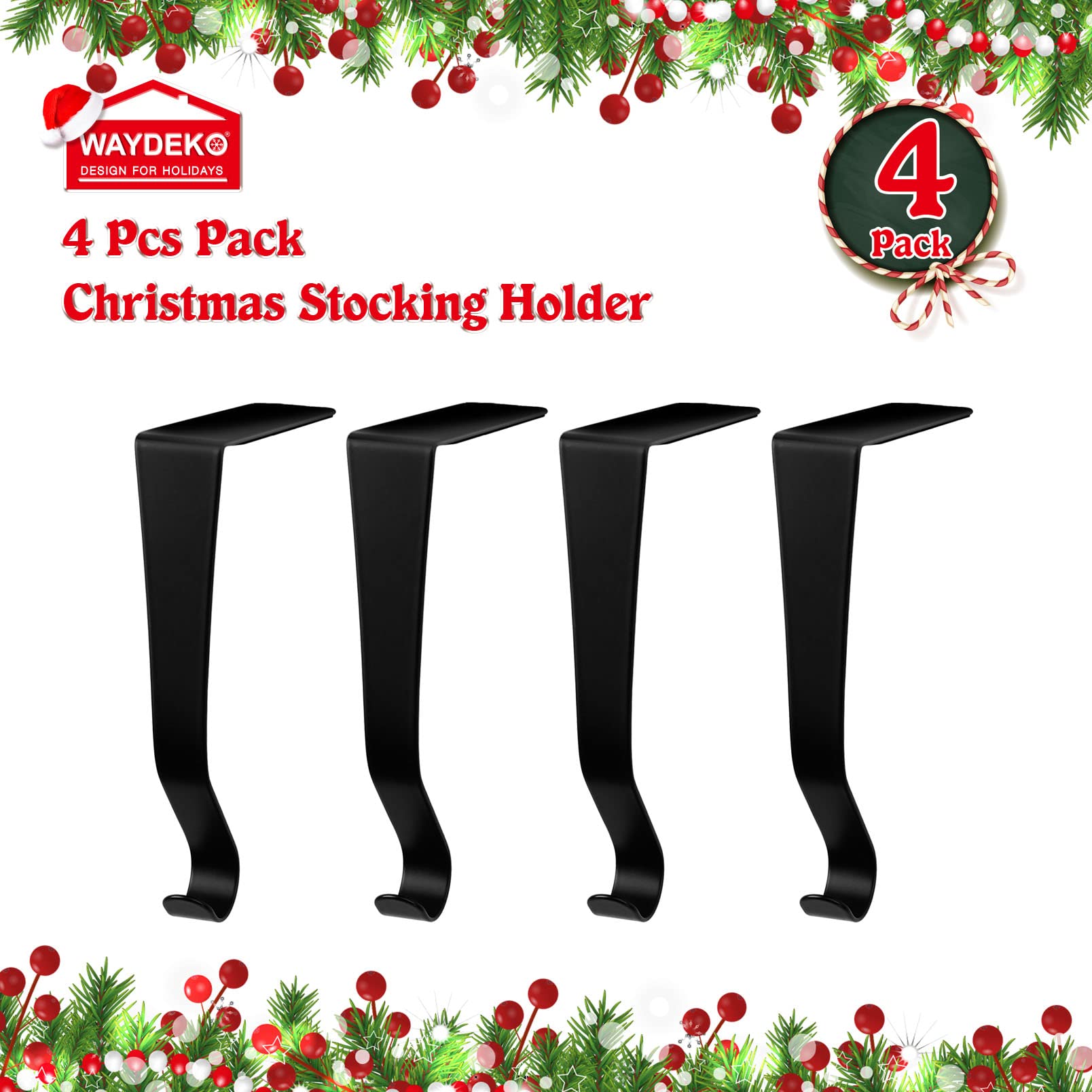 4 Pack Christmas Stocking Holders - Fireplace Mantel Hooks, Santa & Snowman Design, No Screws Needed - View #11
