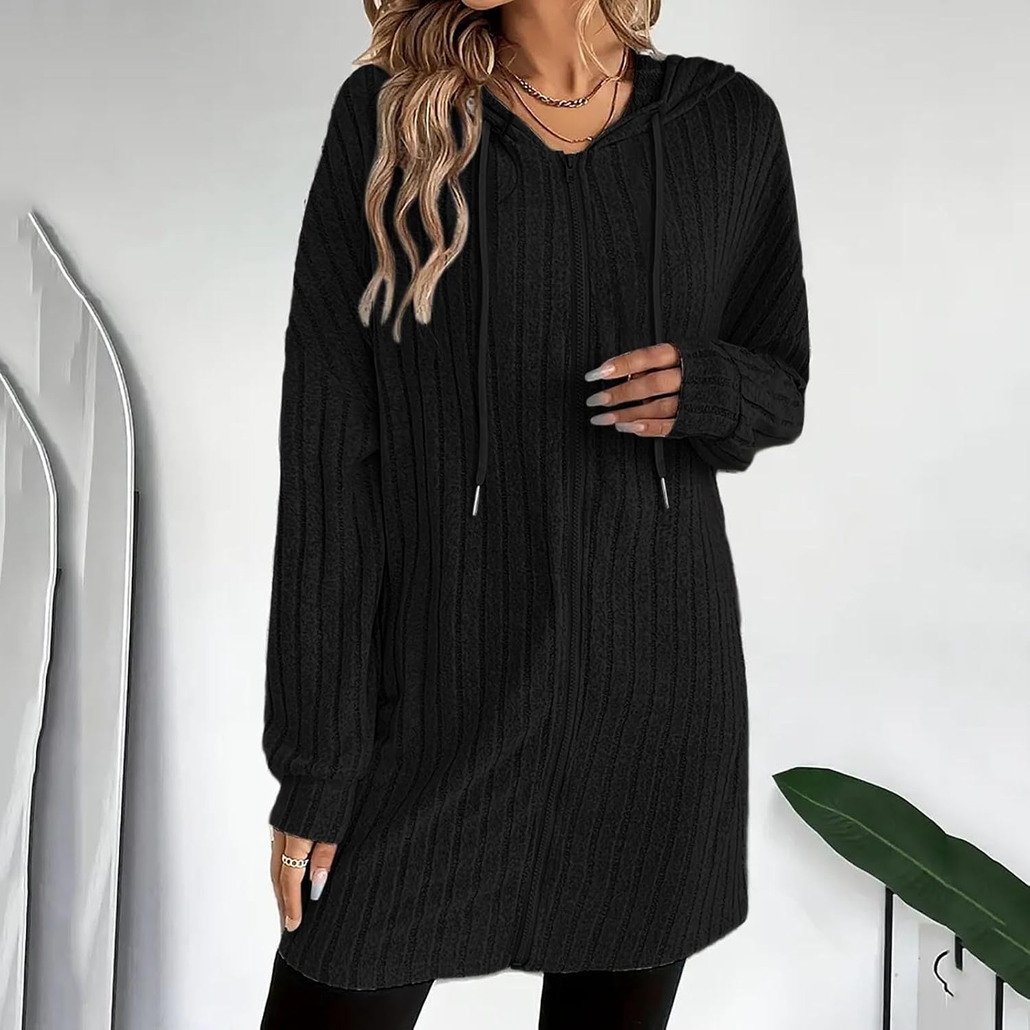 Women's Long Cardigans Zip up Hood Fall Oversized Long Sleeve Open Front Lightweight Sweaters Knit Winter Coats