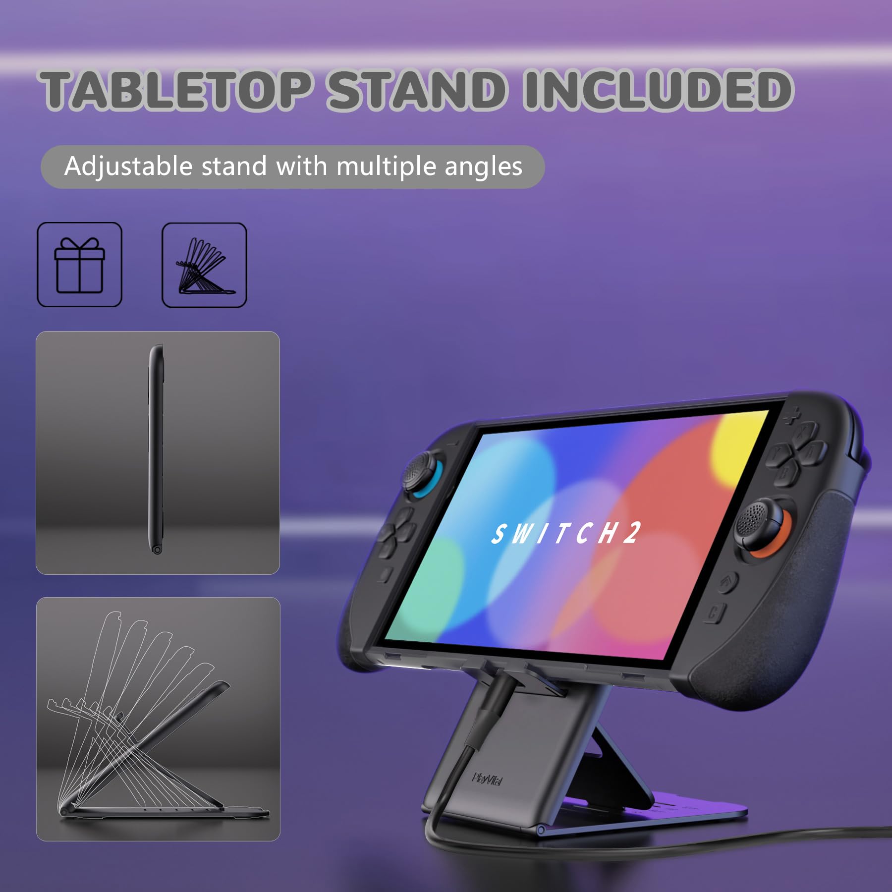 PlayVital Funda Protectora para Nintendo Switch 2 (2025) - Agarre de Silicona con Carcasa Trasera de PC, Protector con Soporte Plegable y Tapas para Joysticks - Serie Ranger (Negro)