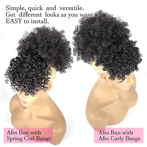 Miniatura 5 de Cola de caballo afro con cordón y flequillo, pelo updo de piña para mujeres negras, moño corto rizado con 2 flequillos reemplazables (#1B-negro)