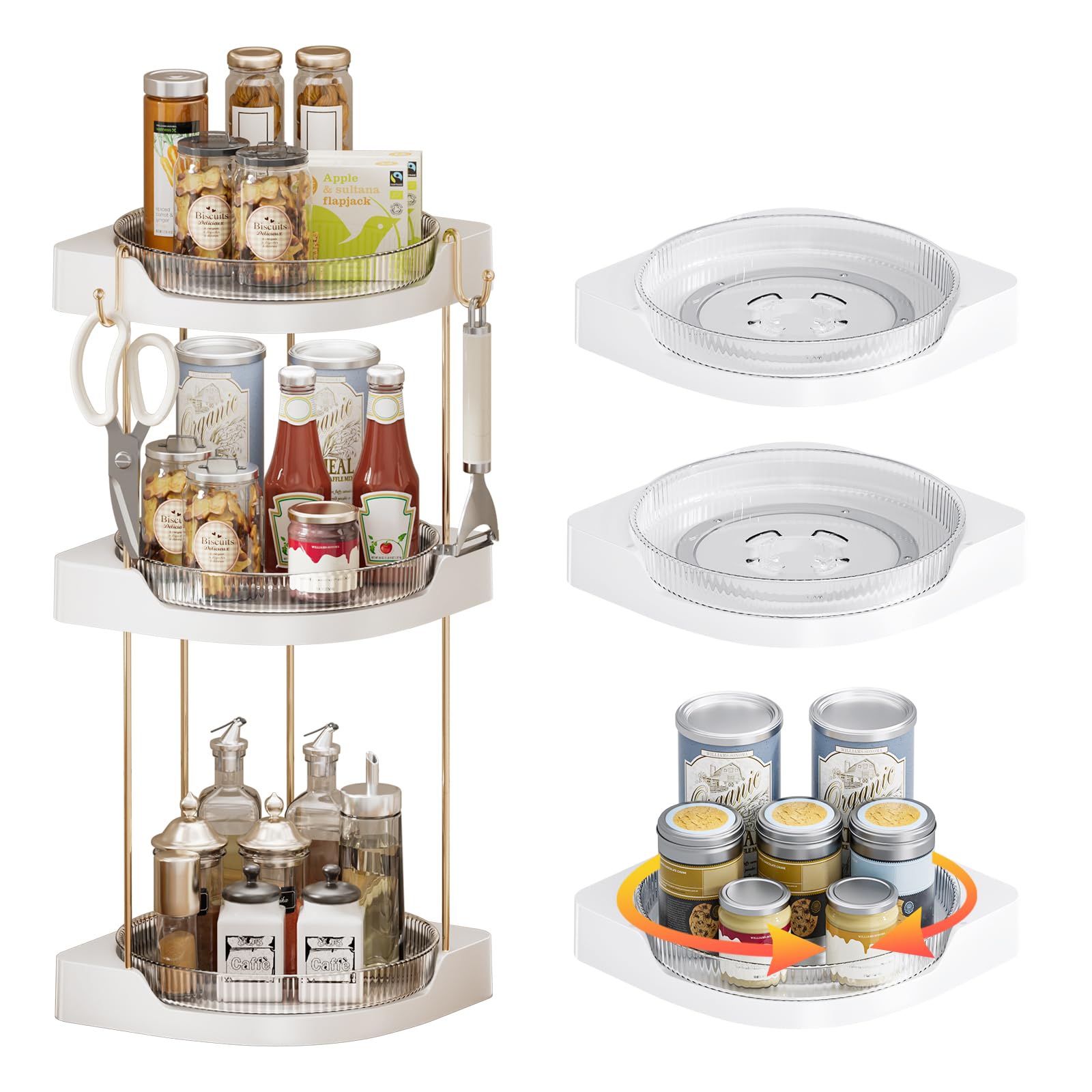 3 Pack Lazy Susan Turntable - Corner Spice Organizer for Cabinet - 9 Inch Rotating Condiment Rack Storage for Refrigerator, Pantry, Kitchen, Vanity, Bathroom Countertop (3 Tier-Clear)