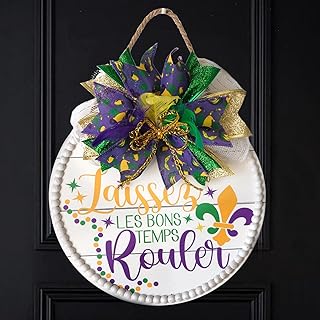 idyllic 12" Mardi Gras Welcome Sign for Front Door Round Wooden Board Door Sign for Home Porch Indoor Outdoor Carnival Décor Hanging Sign with Ribbons Bow (Bead)