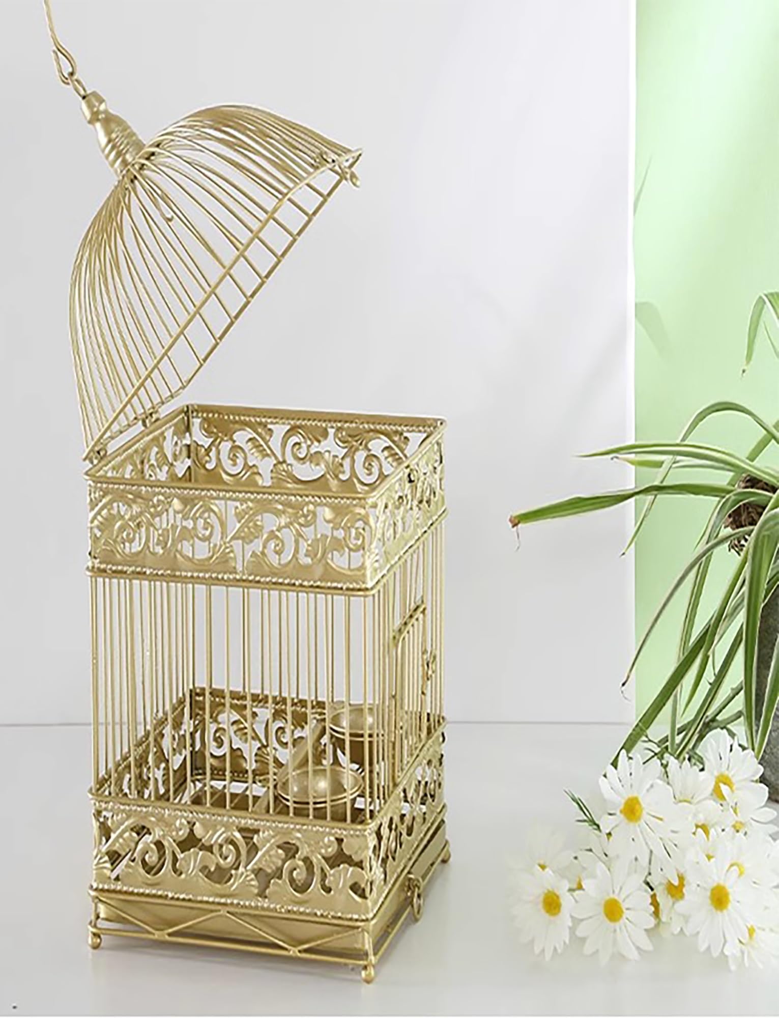 Vögel Käfig Deko Gold Vintage Papageienkäfig Rund Metall Elegant mit Box für Lebensmittel Bar stehend Hinzufügen Behälter für Lebensmittel, Gold
