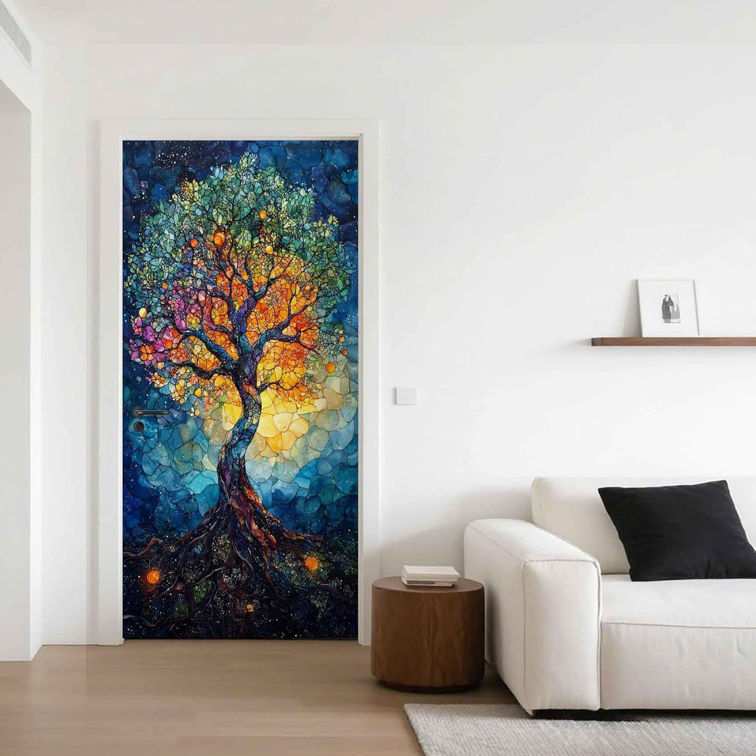Tree of Life 3D Door Stickers Murals Stained Glass Door Sticker Peel and Stick Colorful Tree Wallpaper Self-Adhesive Removable Murals for Bedroom Living Room Decor 36"x80"