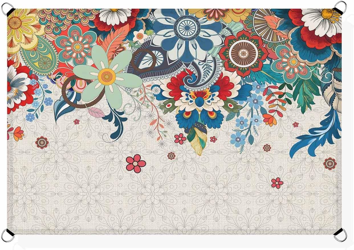 Sun Shade Sail 6.5'x10' Boho Floral Rectangle Sun Shade Sails Canopy Waterproof Abstract Bohemian Bloom Flower Linen Outdoor Sunshades Sand UV Block Cover Shades Cloth for Patio Backyard Deck Lawn