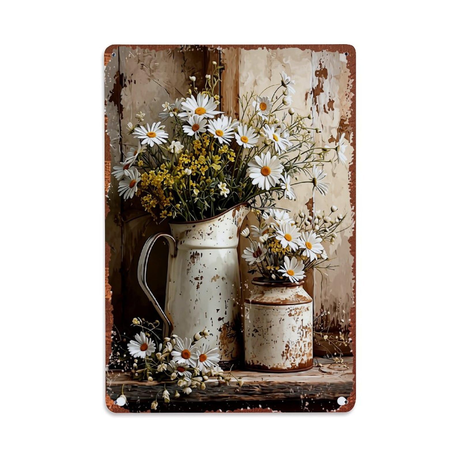 Jdfenggu Vintage Rustic Daisy Floral Arrangement Vase Retro Metal Tin Sign, Decor Art Poster For Bar, Home, Man Cave, Kitchen, Laundry Room Gift 8X12inch