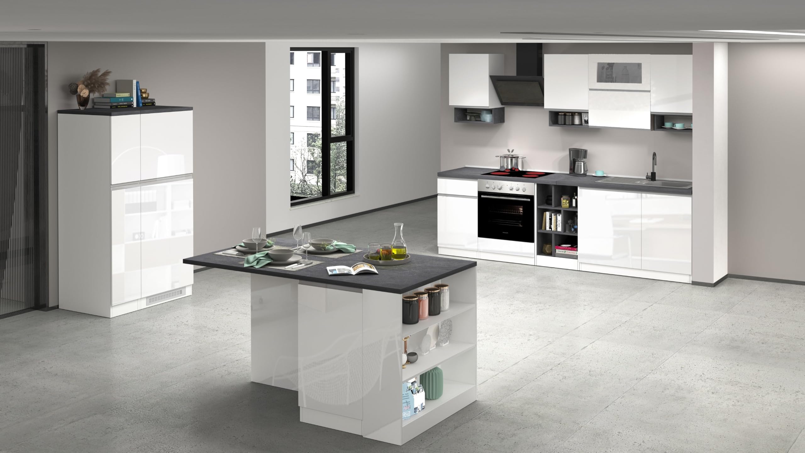 Generico Composizione Modulare da Soggiorno, 255x60x85.5 cm, Bianco laccato lucido/Bianco opaco/Report, Nobilitato e vetro e metallo, Modello SOLE, Design Moderno Made in Italy