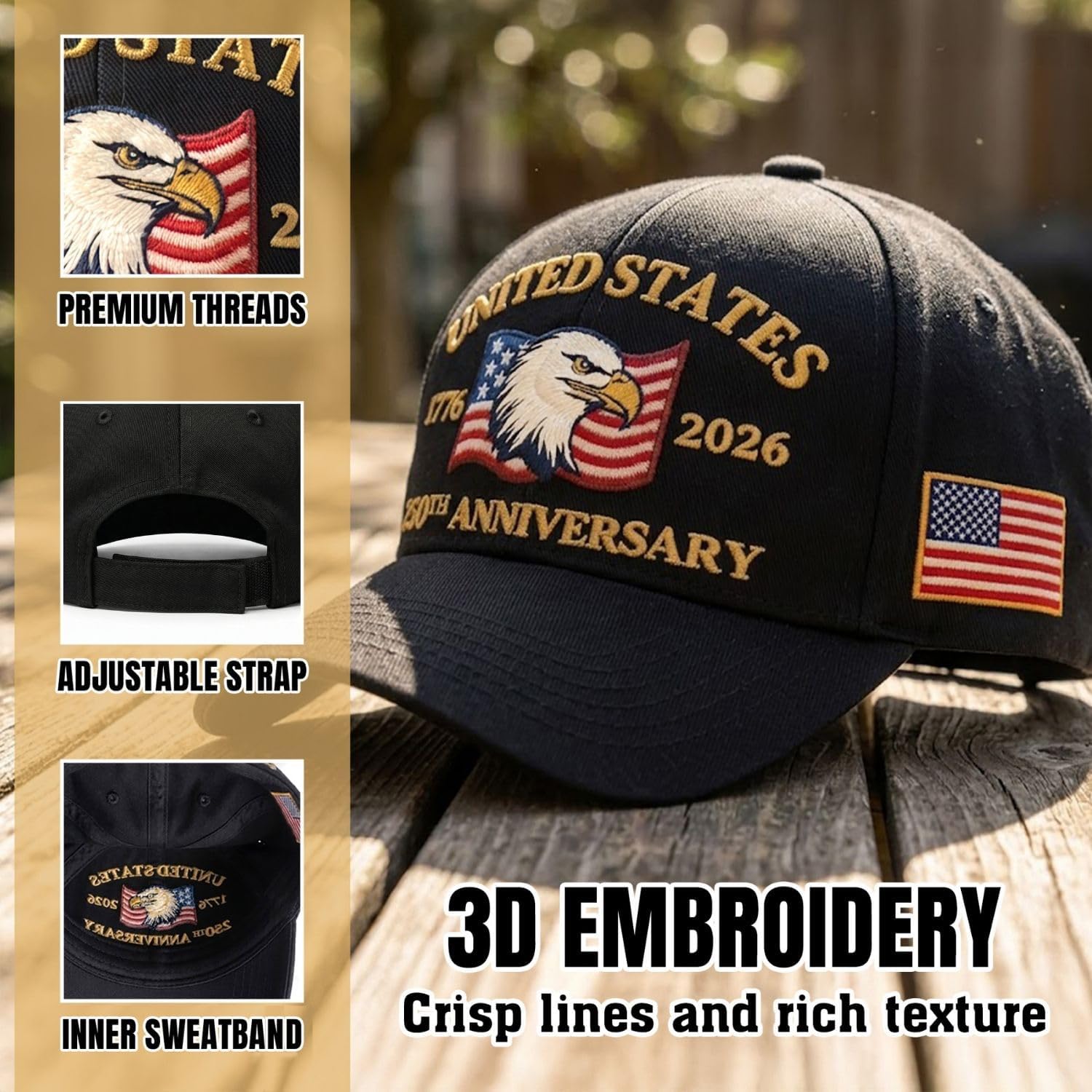 United States 250th Anniversary Hat 1776-2026, Patriotic Eagle Embroidered Baseball Cap, Adjustable Cotton Vintage Hat