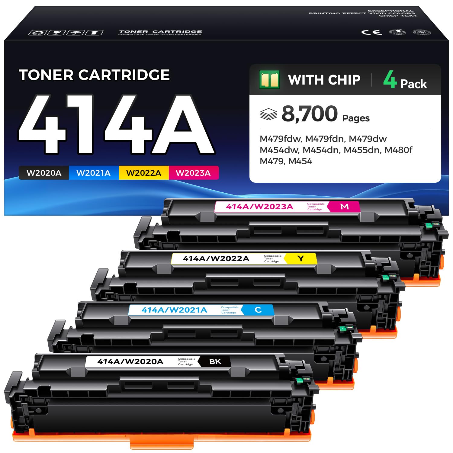 414A Toner Cartridge Set 4-Pack Printer Replacement for HP 414A W2020A W2021A W2022A W2023A Compatible for HP Color Laserjet Pro MFP M479fdw M479fnw M479dw M454dw M454dn M454nw Enterprise M480f M455dn