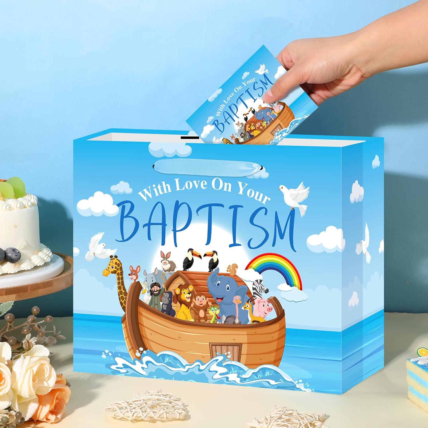 Large Baptism Gift Bags for Boys,With Love On Your Baptism Gift Bag Blue Religious Christian Birthday Gift Bag with Greeting Card and Tissue Paper for Baby Boy First Communions Baptism Christenings - Image 7