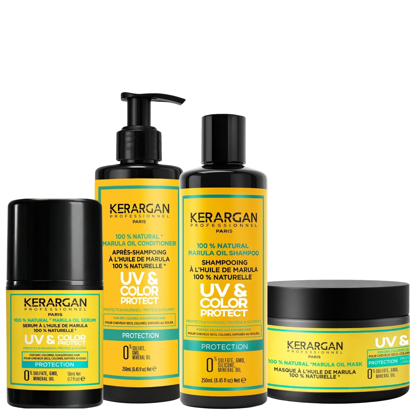 KERARGAN - Routine Marula con 4 Trattamenti Colore - 3x250ml+50ml | Shampoo, balsamo, maschera e siero alla marula, routine completa per trattare e proteggere i capelli colorati