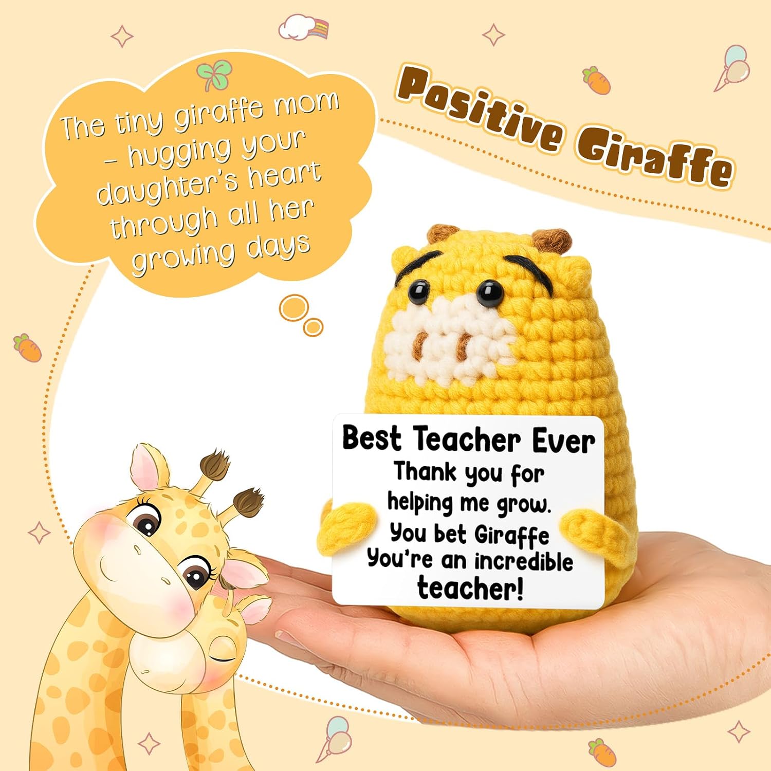 Teacher Appreciate Gifts Positive Giraffe - Thank you for Helping Me Grow, Handmade Crochet Giraffe Cute Stuff Decor, Thank You Teacher Appreciation Gifts for Women Men Birthday Retirement End of Year