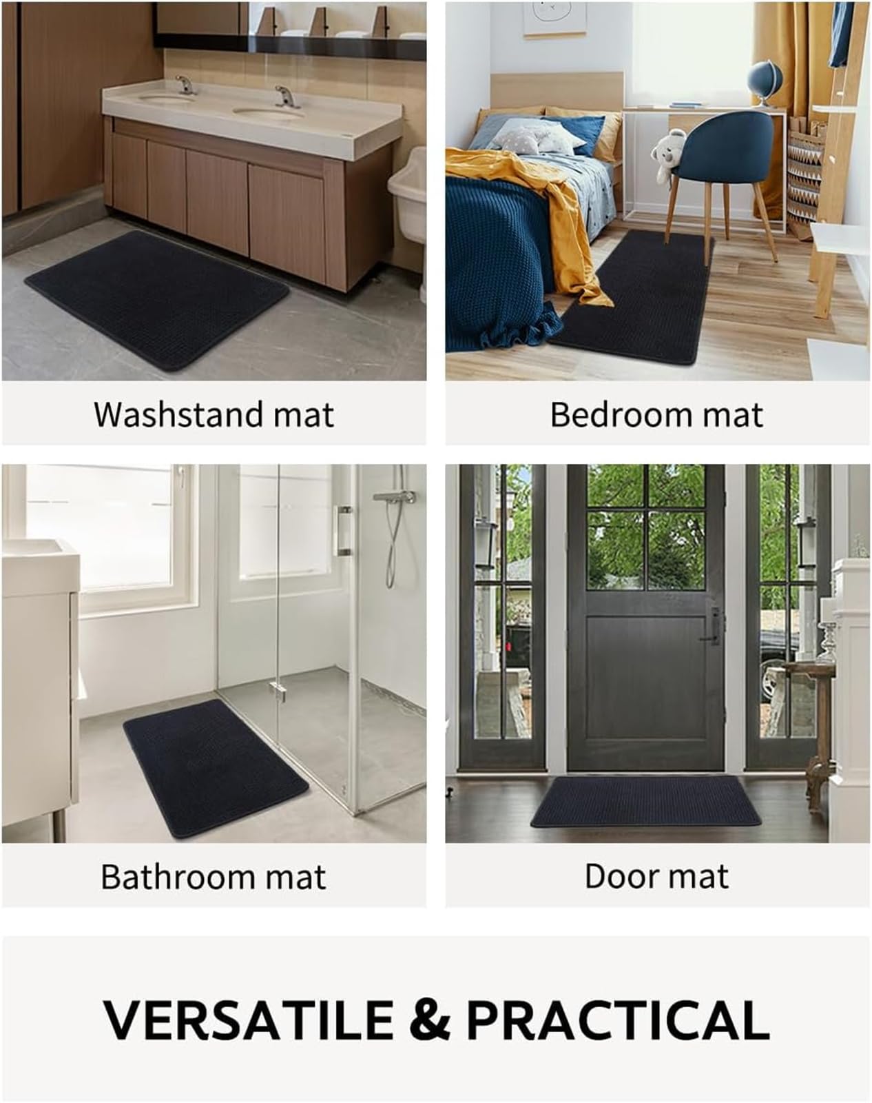 Tapis de bain antidérapant en microfibre - Séchage rapide - Tapis de douche doux et antidérapant pour salle de bain - 60 x 160 cm - Noir - Accessoire idéal pour la maison pour la sécurité et le