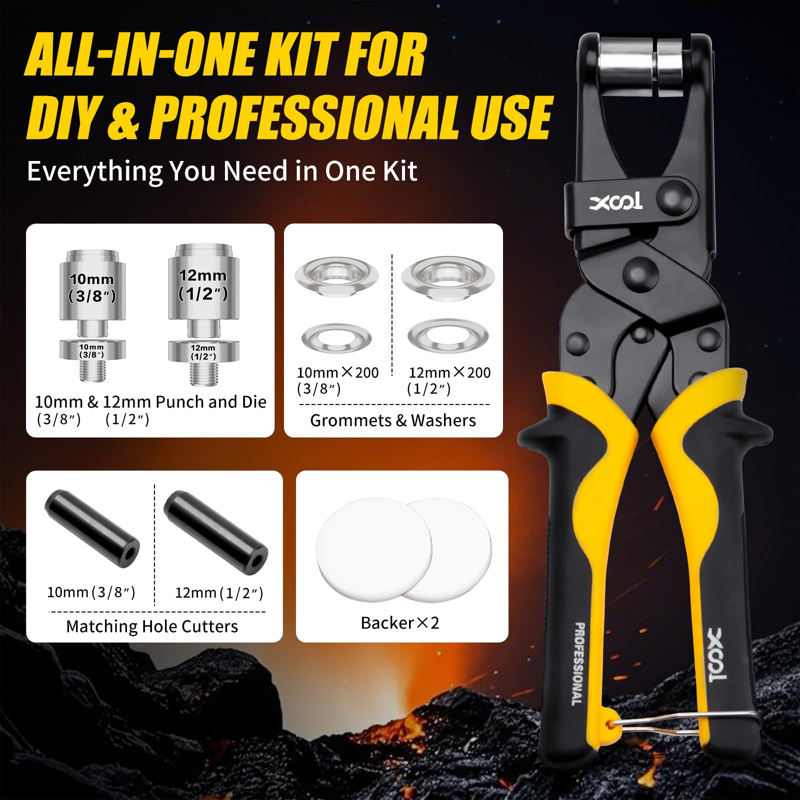 XOOL Pinza per Occhielli 2-in-1, Teste Intercambiabili 12 mm & 10 mm a Rotazione, Strumento per Forare con Sistema Magnetico per Tela, Pelle, Teli e Fai-da-te – 400 Occhielli e Rondelle Inclusi