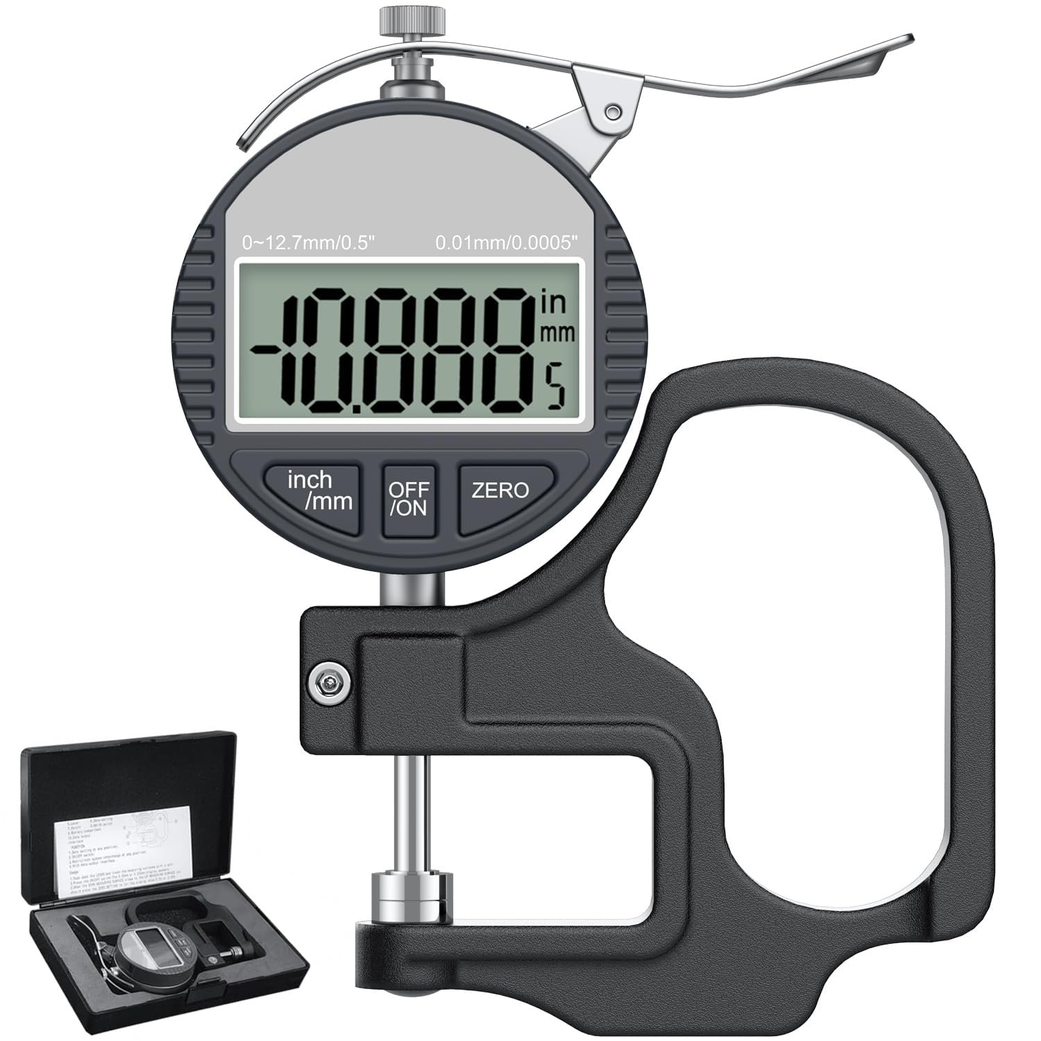 Cyfrowy miernik grubości 0-12,7 mm, 0,001 mm, miernik grubości, precyzyjny mikrometr elektroniczny z wyświetlaczem LCD, odpowiedni do miernika grubości papieru/folii/skóry/drutu, czarny