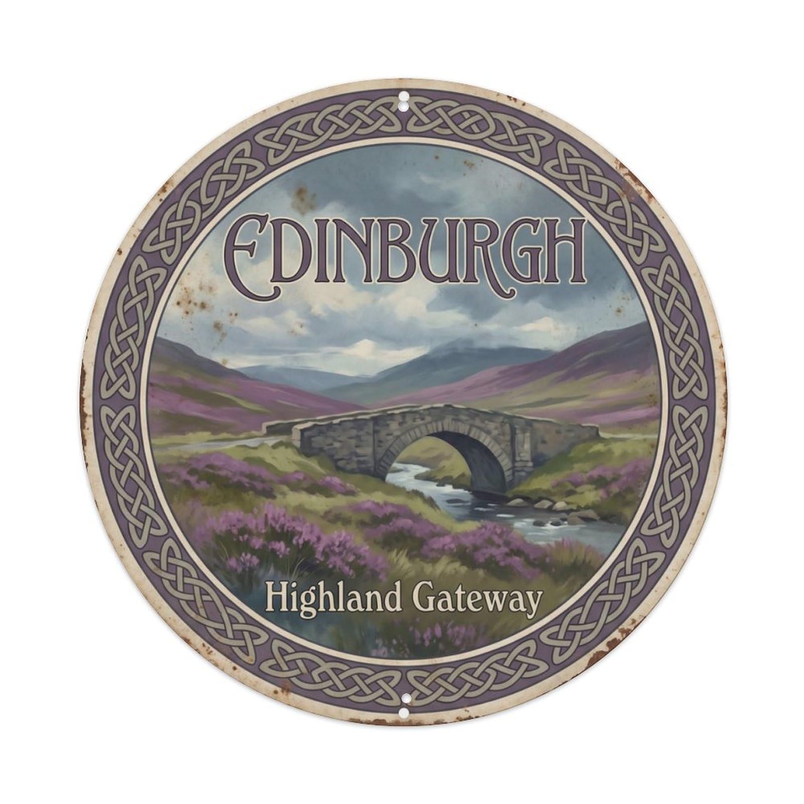Vintage Travel Edinburgh Highlands Scotland Metal Tin Sign Plaque Wall Decor for Cafe, Club Bar, Office, Home Garden Round Metal Poster 8x8Inch