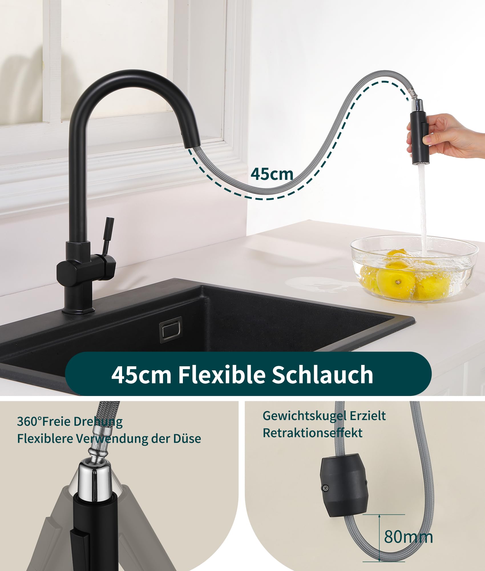 Wasserhahn Küche Schwarz,Hochdruck Küchenarmatur mit Ausziehbar Brause,Armatur Küche 360° Drehbar,Spültischarmatur Zwei Wasserstrahlarten, Edelstahl Mischbatterie Küche