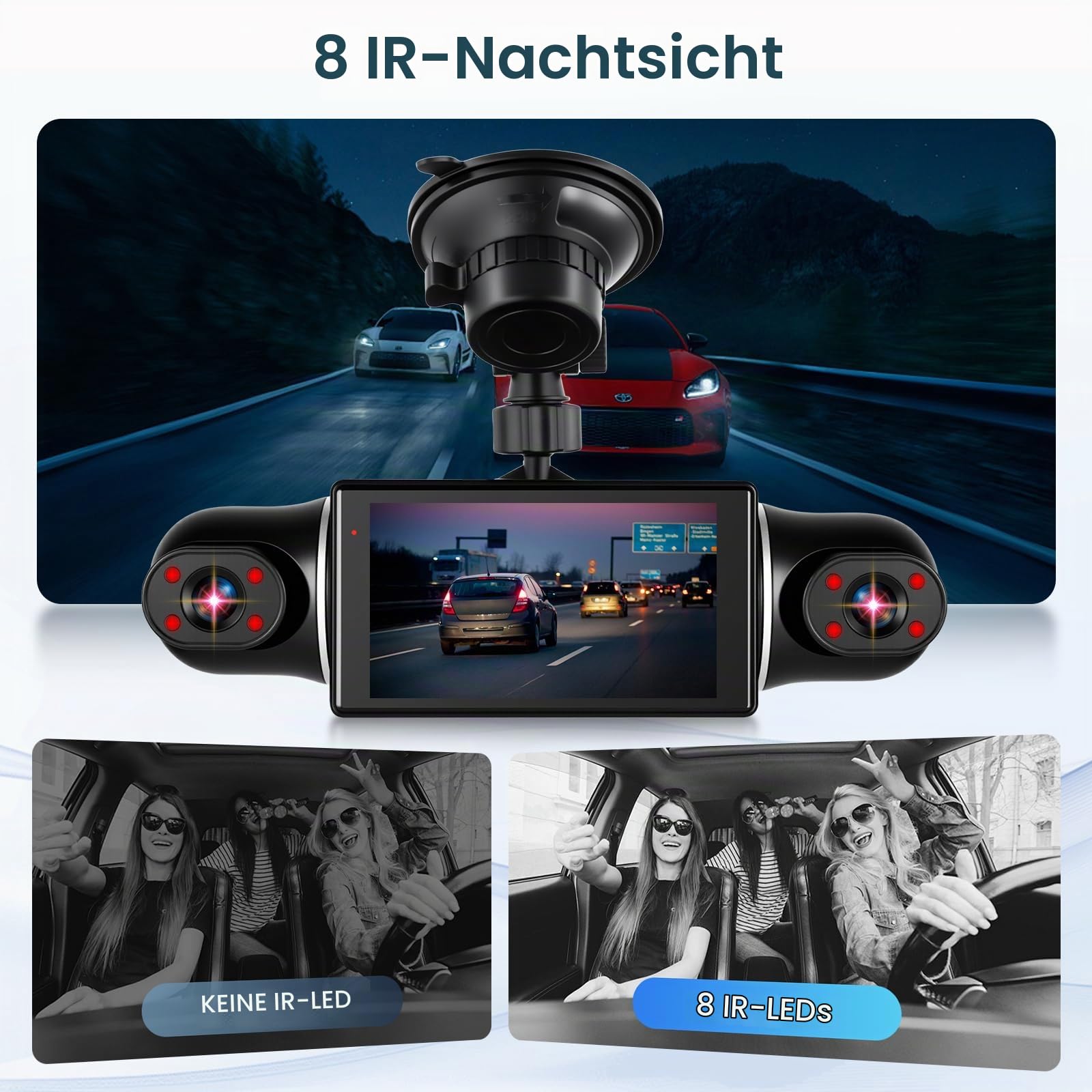 Hodozzy 1080P Auto Dash cam 360° mit 5GHz WiFi, 4 Kameras Vorne Hinten, 8 IR Nachtsicht, 3 Zoll IPS Touchscreen, Loop Aufnahme, G-Sensor, Parken Monitor,Dash cam mit Rückfahrhilfe