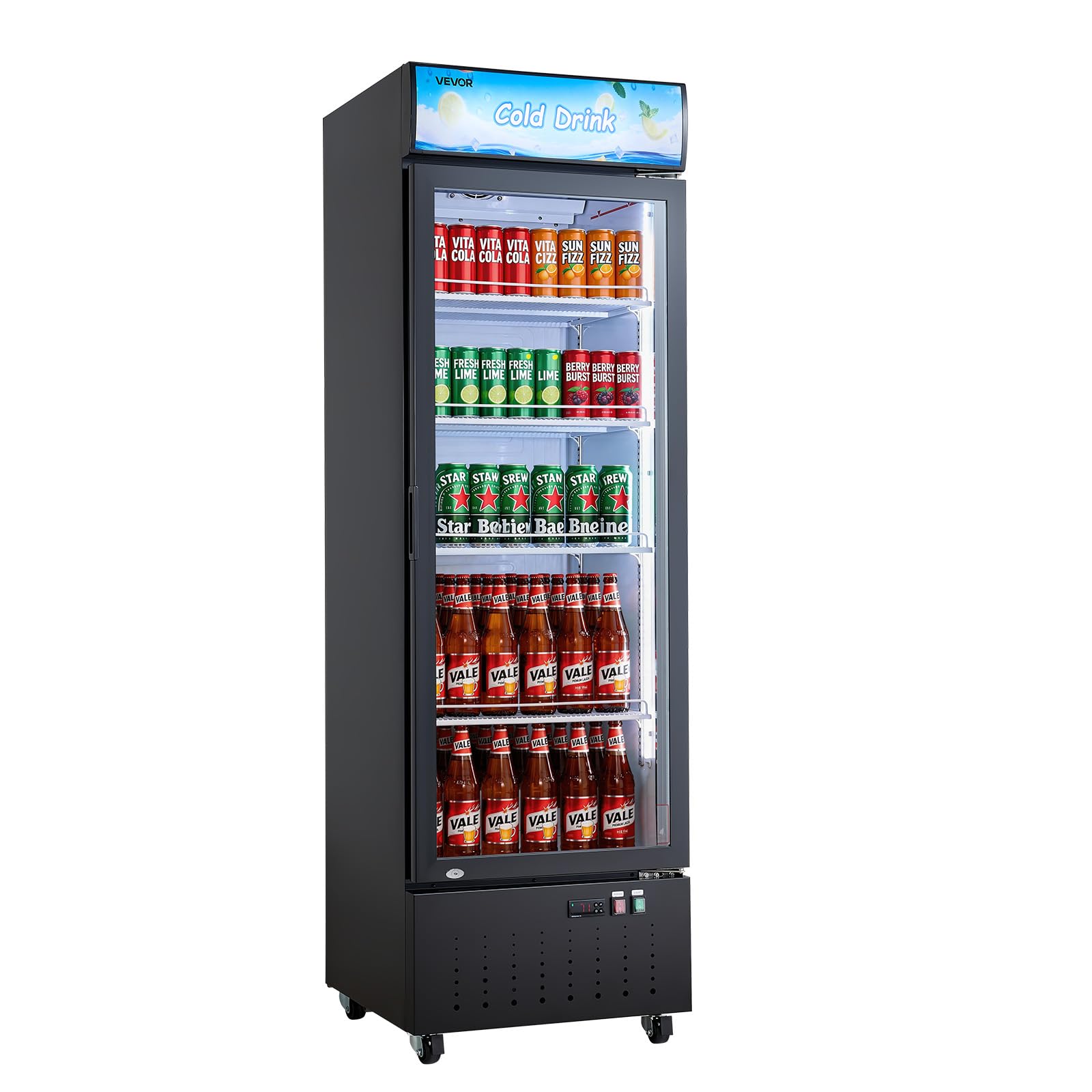VEVOR Commercial Merchandiser Refrigerator, 12.7 Cu.Ft / 360 L Glass Door Display Refrigerator, Upright Beverage Cooler with Customizable Lightbox, 4 Adjustable Shelves &amp; Soft LED Light for Home Shops