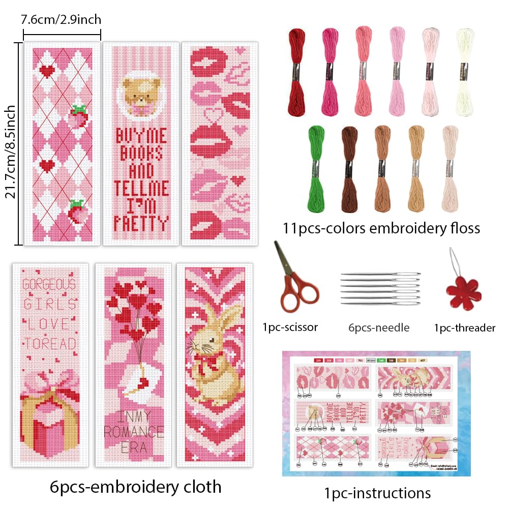 INFUNLY 6 Set Pink Cross Stitch Bookmark Kit Strawberry DIY Cross Stitch Kits Pre-Printed Rabbit Stamped Embroidery Bookmark Kit with Instructions for Beginners Adults Book Lovers Girls Gift - Image 2
