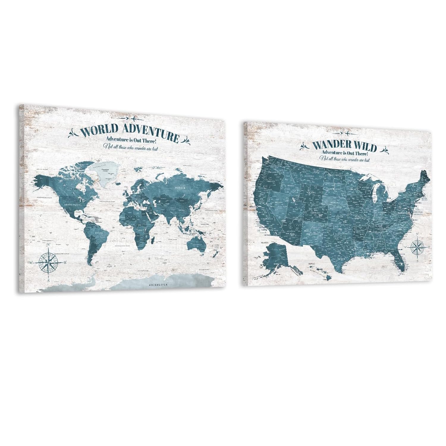 IPIC Antique Blue World Map Pin Board and USA Map, Set of 2, Size 30x24 in