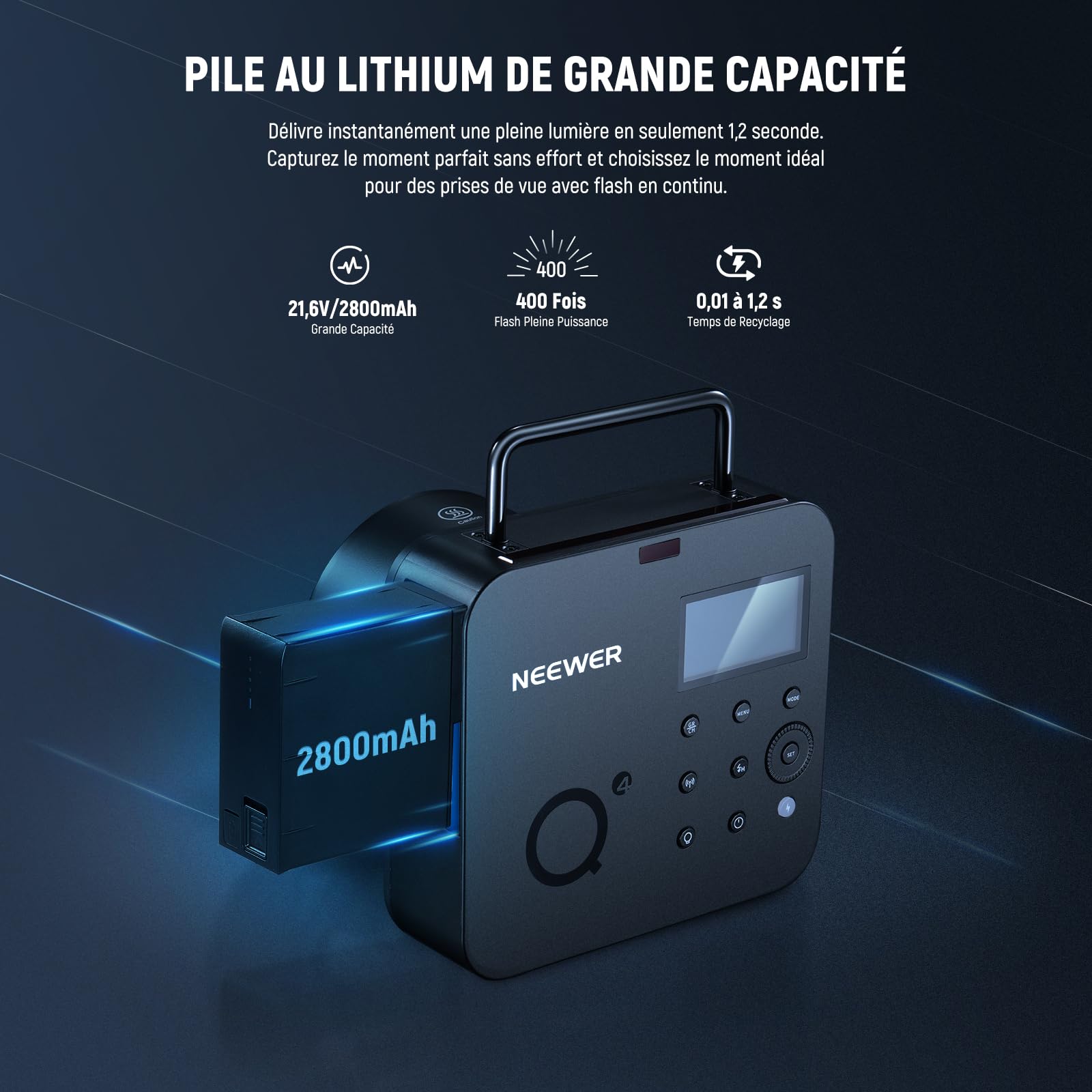 NEEWER Q4 400Ws 2,4GHz TTL Flash Studio extérieur(Nouveau Design) Compatible avec Godox,1/8000s HSS/2800mAh/Lampe Pilote 30W/Flash 400Ws à Pleine Puissance