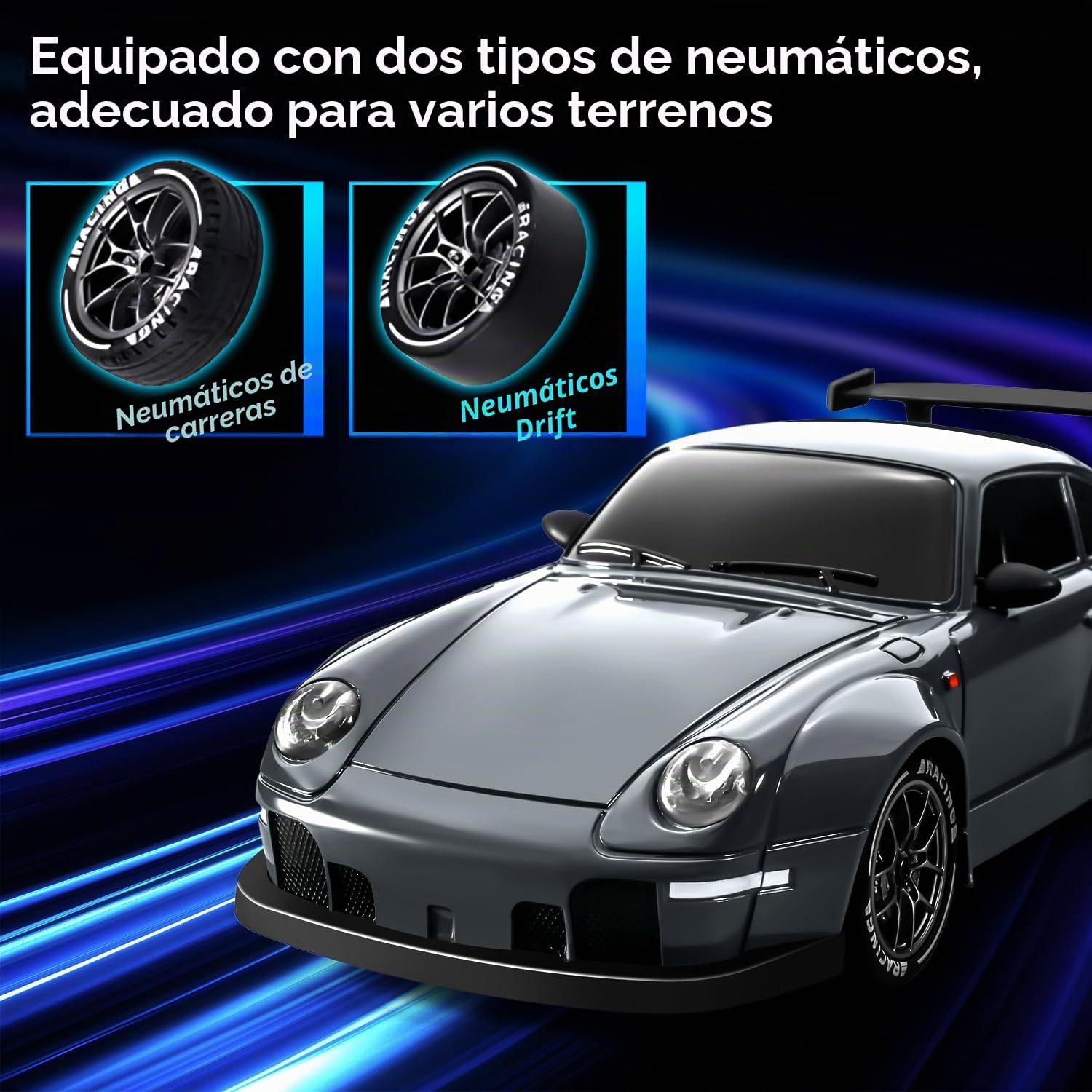 Coche Teledirigido Drift, 1:24 25KM/H 4WD RC Drift Coche, con Luces LED, Drift RC Car para Niñas Adultos, Gris