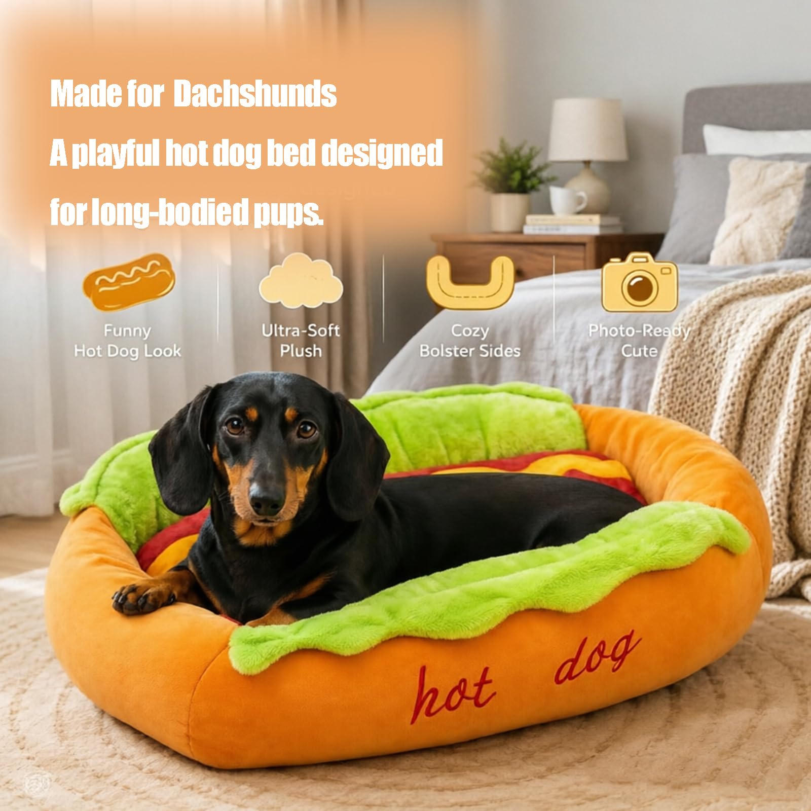 Genérico Cama para Perros «Hot Dog», con Un Divertido Diseño En Forma De Panecillo De Perrito Caliente, Sofá-Nido para Mascotas De Interior Fabricado En Microgamuza Y Pana Suave (1 Unidad L)