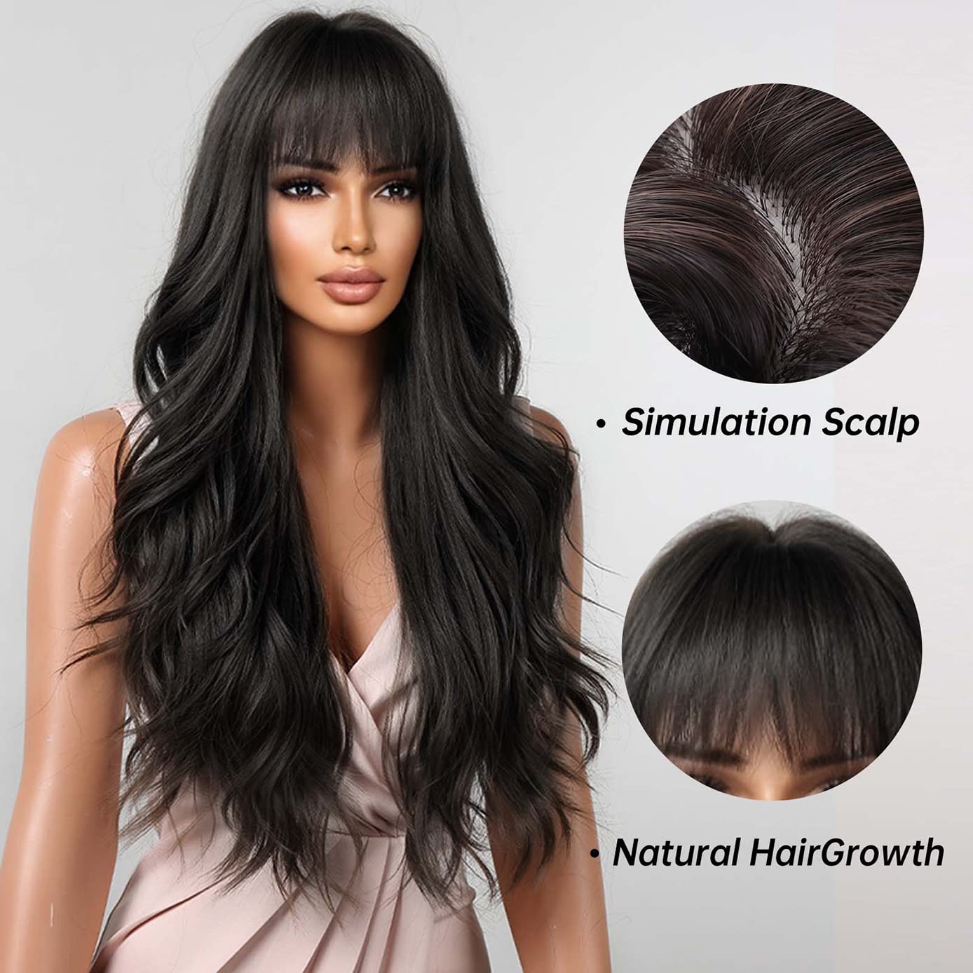BERON Black Wigs Long Wavy Women Wigs with Bangs Natural Black Curly Heat Resistant Synthetic Wigs for Daily Wigs Wig Cap Included