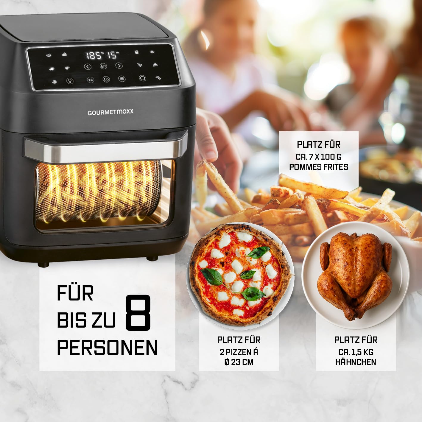 GOURMETmaxx Heißluftfritteuse 12 L Airfryer | Fritteuse mit 9 Funktionen, Touchdisplay, Dreh- & Schaschlikspießen | 10 Programme inkl. Pizza | Minibackofen 1700 W – nahezu ohne Öl