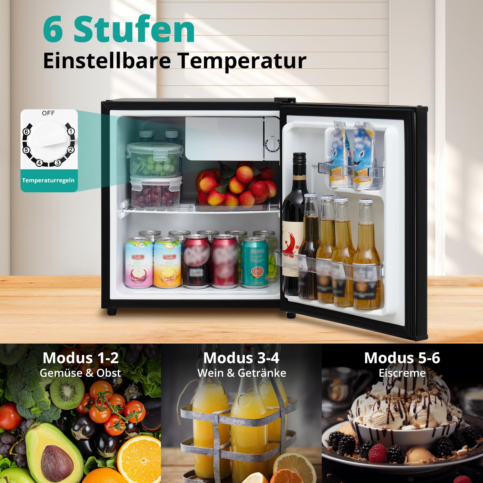 SMETA Mini frigorífico de 45 L, pequeño refrigerador silencioso, 39 dB, refrigerador de bebidas, 6 niveles, termostato 0-10 °C, minibar con tope de puerta intercambiable para casa, oficina, camping