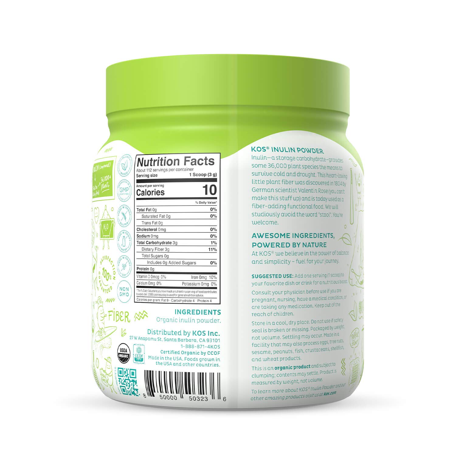 KOS Organic Inulin Powder, Unflavored & Unsweetened Superfood - Vegan Inulin for Prebiotic Intestinal Support, Digestive Health Promoting - USDA Certified, Non-GMO, Soy & Gluten-Free, 112 Servings Bag — Amazon image 5