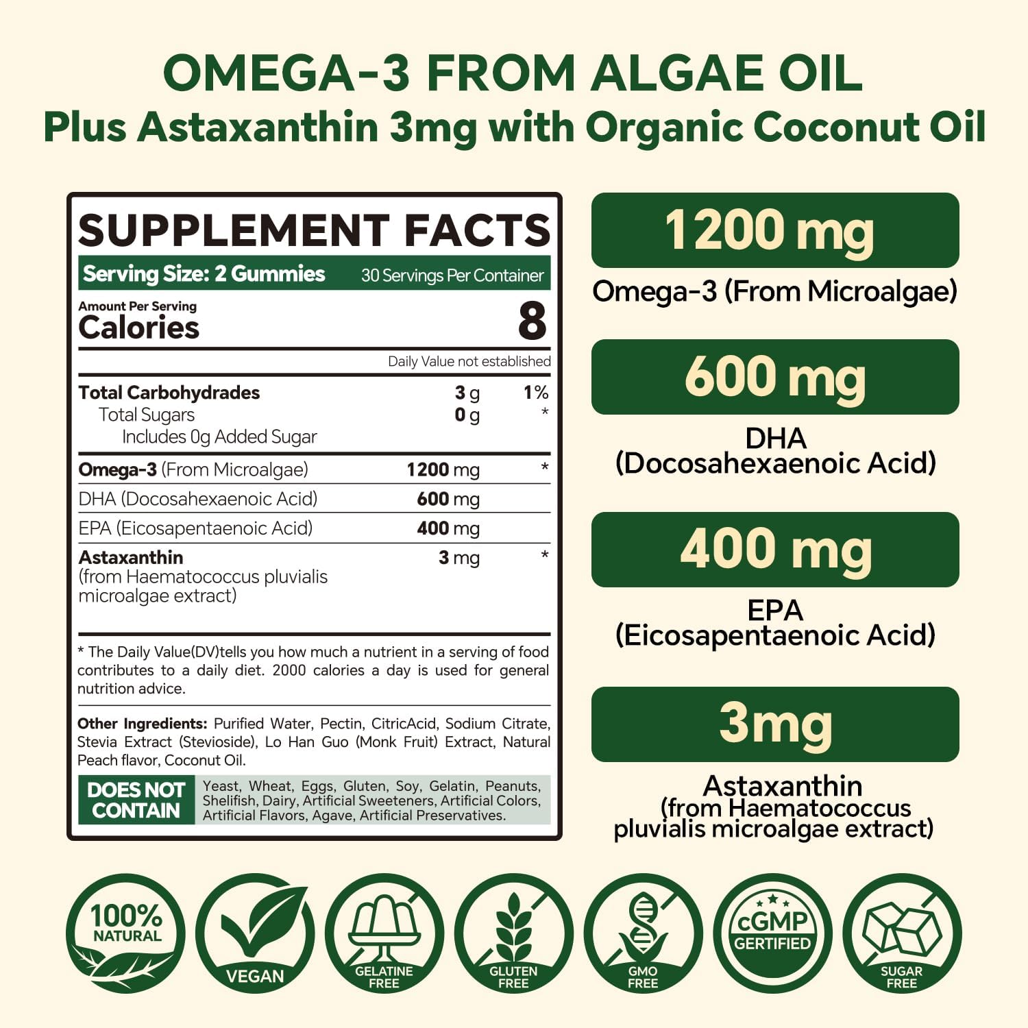 Vegan Omega 3 Gummies 1200mg - Dual Layer - Fish Oil Alternative, Marine Algae Omega 3 Supplement DHA 600mg, EPA 400mg with Astaxanthin,Sugar Free,60 Cts - Image 2