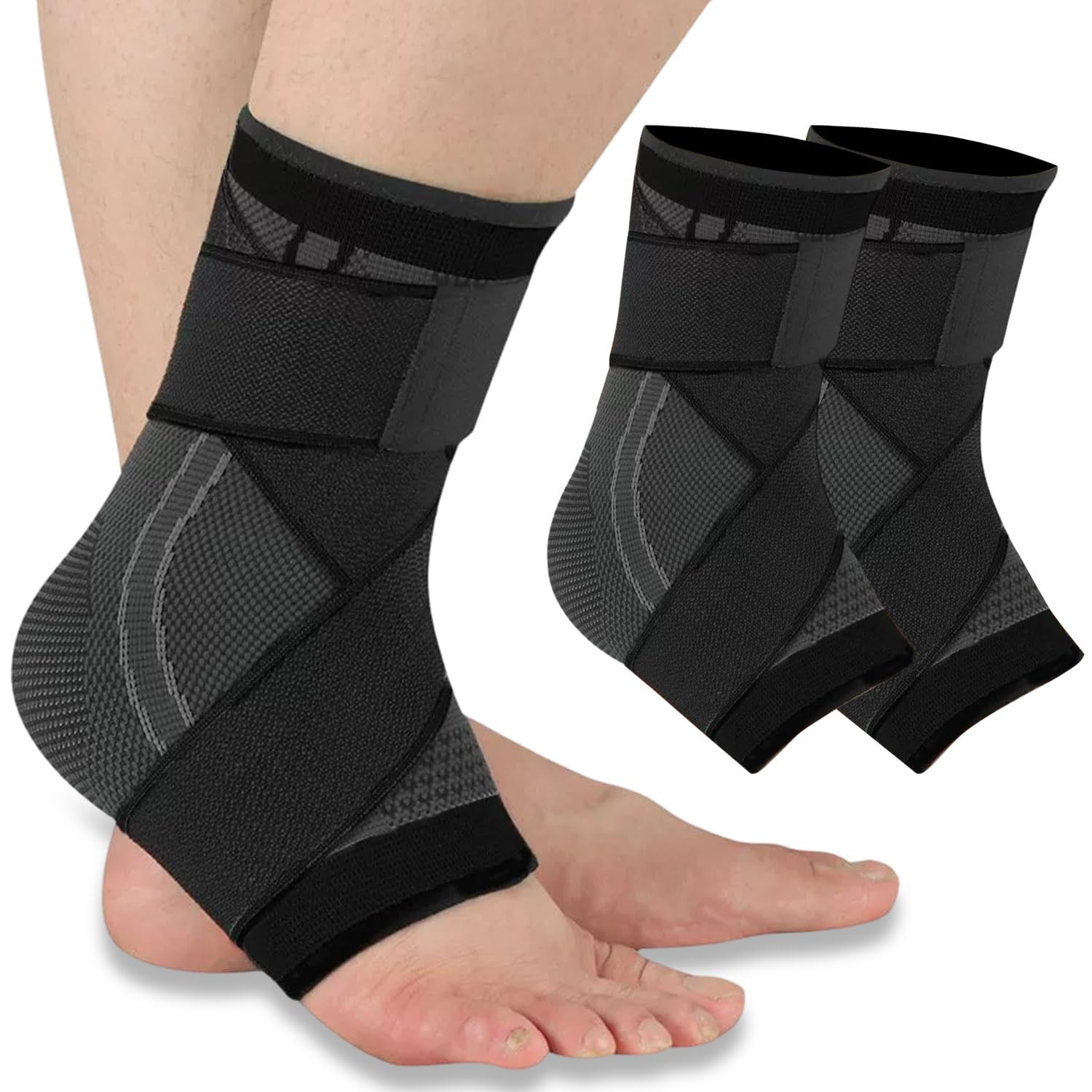 Kecartu Ankle Brace for Plantar Fasciitis & Achilles Tendonitis Relief, Adjustable Strap Compression Sleeve for Men & Women, Ankle Support for Running, Basketball & Arthritis, 2Pack, Black, M