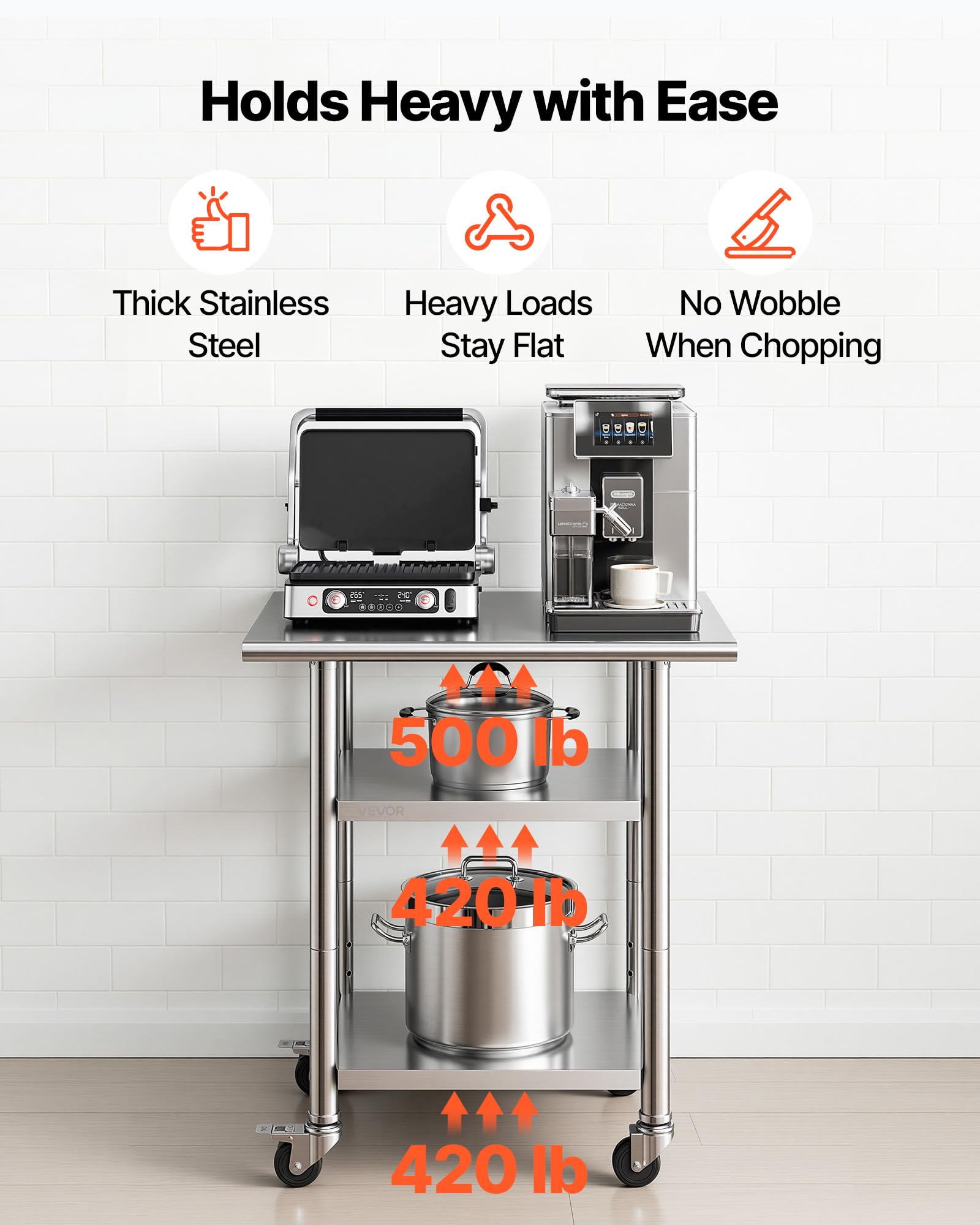 VEVOR Tavolo da Lavoro per Cucina 3 Ripiani, Tavolo per Ristorazione in Acciaio Inox con Ruote 3 Ripiani 762 x 610 x 864 mm Piano di Lavoro Carico max 227 kg, Preparazione Ristorante Hotel Catering