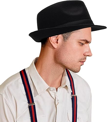 Miniatura 4 de Sombrero unisex clásico de Manhattan-Gangster-Fedora-Sombrero Trilby de ala corta, para mujeres y hombres, de fieltro de lana, con banda (SM)