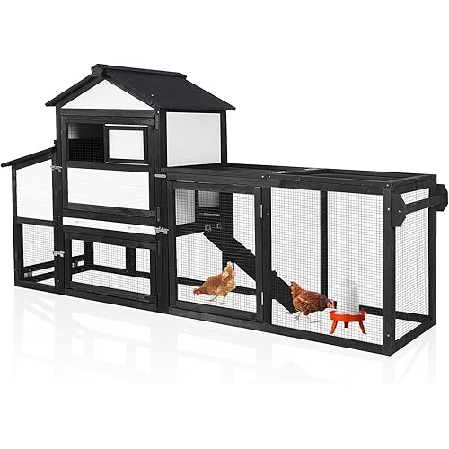 GUTINNEEN Mobile Chicken Coop with Wheels for 2-4 Chickens, Expandable Wooden Hen House with Divided Nesting Box, Reinforced Coop Balcony, Roosting Perch, Metal Pull-Out Tray, 82.4" L (Black ＆ White)