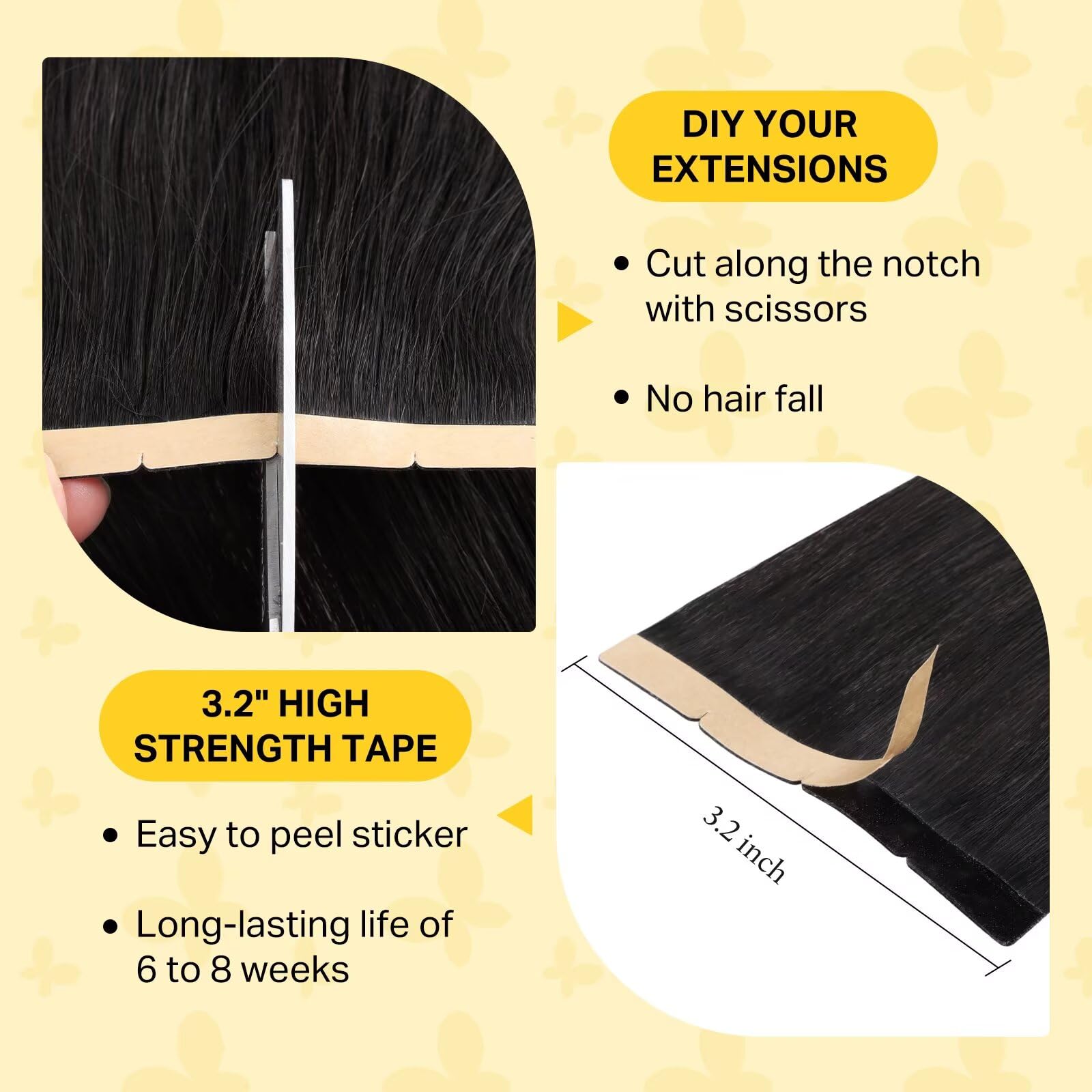 DOORES Breites Klebeband für Haarverlängerungen, Tape ins, 45 cm 50 g 10 Stück, natürliches Schwarz, 8cm Klebeband – 20 Min. Selbstanwendung, Remy-Echthaar – langlebig & wiederverwendbar