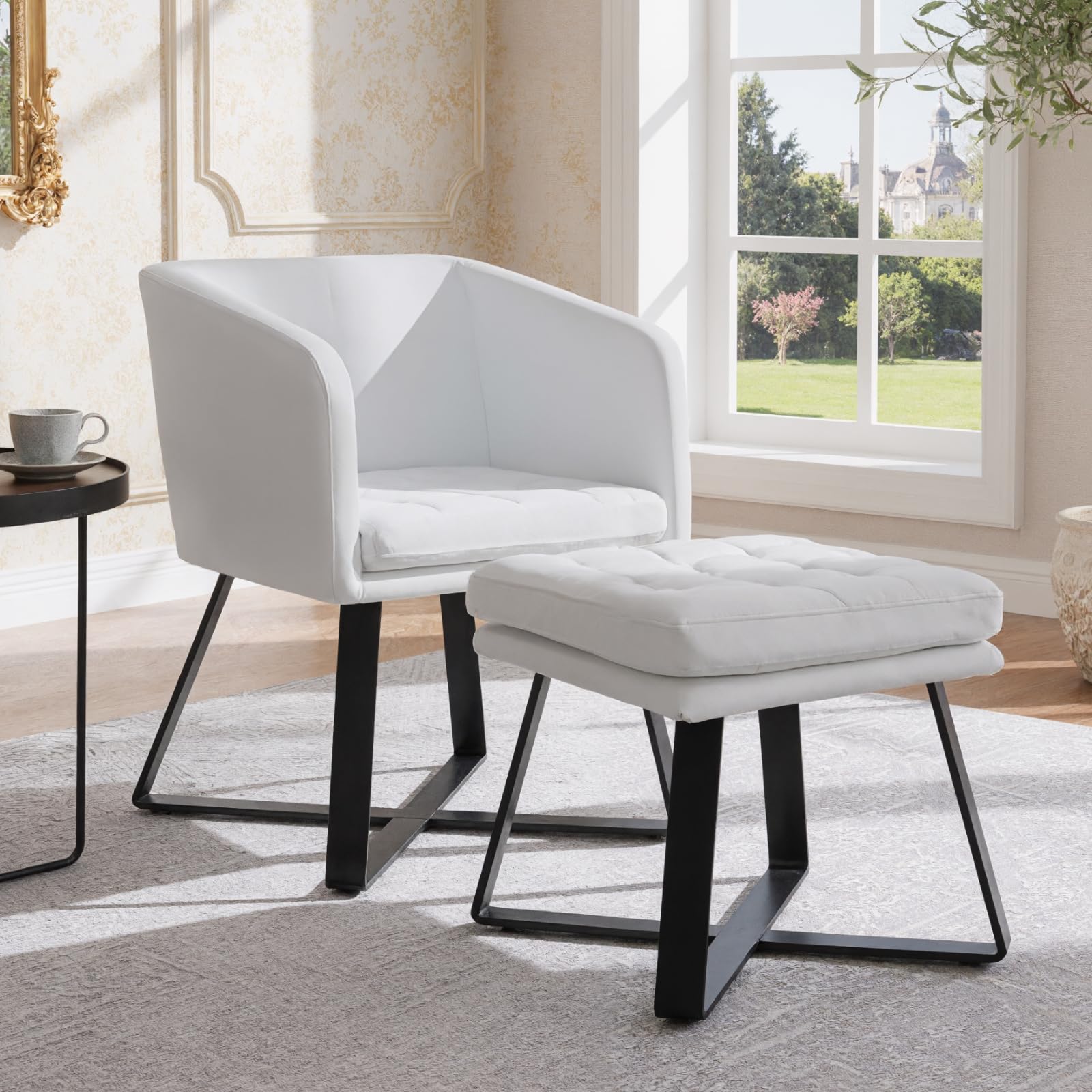 Ya-Home Set Poltrona Imbottita in Velluto con Pouf Poggiapiedi Poltrona Salotto Sedia da Salotto Poltroncina con Braccioli per Camera da Letto/Soggiorno, Beige
