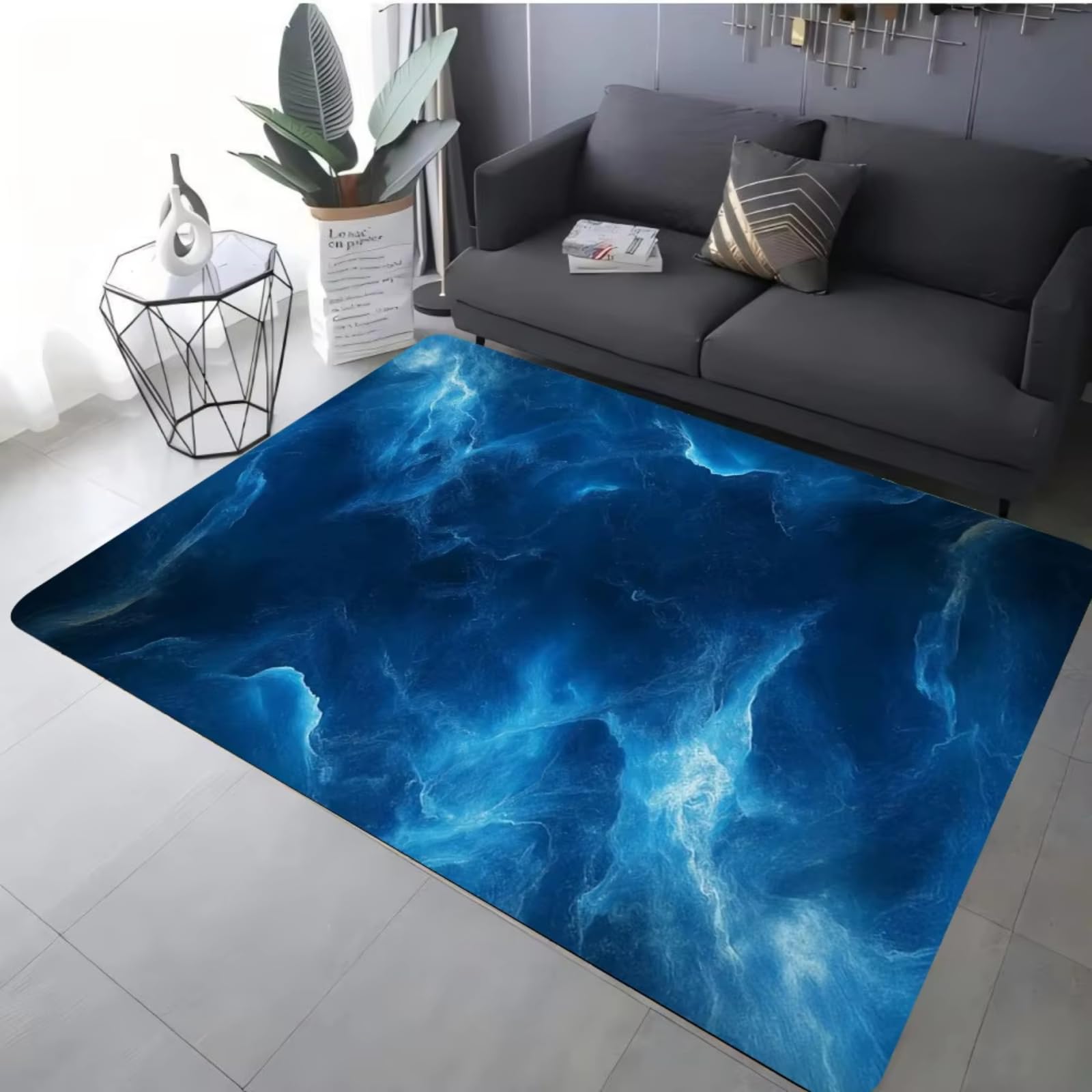 Tapis de salon bleu moderne 160x230 abstrait pour chambre et bureau moderne
