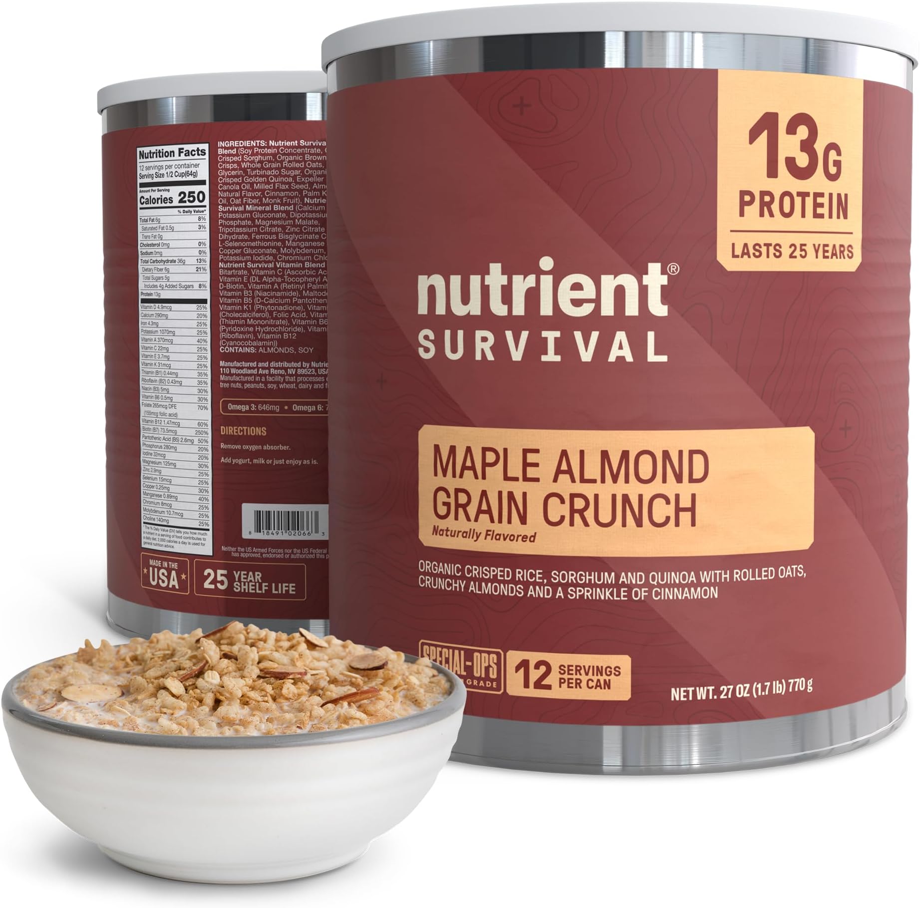 High Protein Cereal, Maple Almond Grain Crunch (12 Servings) Freeze Dried Prepper Supplies & Emergency Food Supply, Dairy & Gluten Free, Shelf Stable Up to 25 Years, One Can