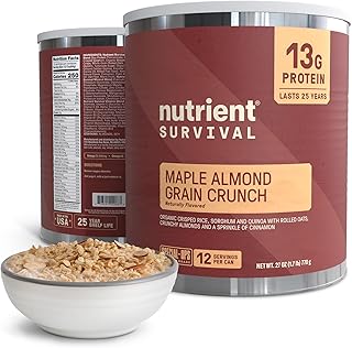 High Protein Cereal, Maple Almond Grain Crunch (12 Servings) Freeze Dried Prepper Supplies & Emergency Food Supply, Dairy & Gluten Free, Shelf Stable Up to 25 Years, One Can