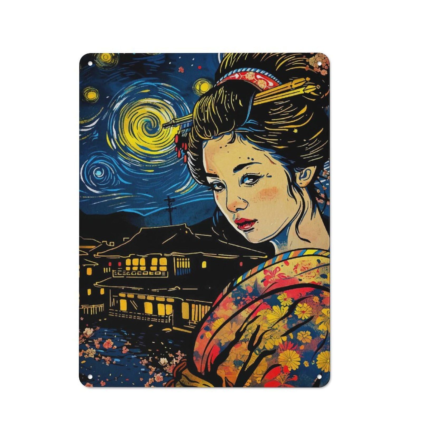 Junmoney Style-12 Geisha Japanese Vangogh Retro Metal Wall Decor 40X30cm, Decorative Tin Plaque For Bar, Kitchen, Garage Or Games Room