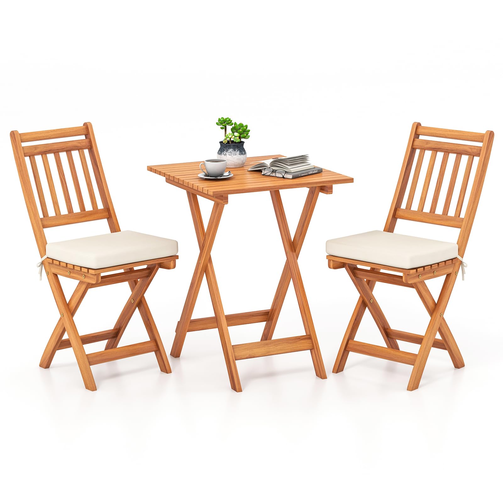 GIANTEX Juego de Bistró 3 Piezas Plegables, Mesa Cuadrada y 2 Sillas de Madera de Acacia con 2 Cojines de Asiento Desmontables, Conjunto de Muebles para Jardín, Balcón, Patio (Listones Verticales)