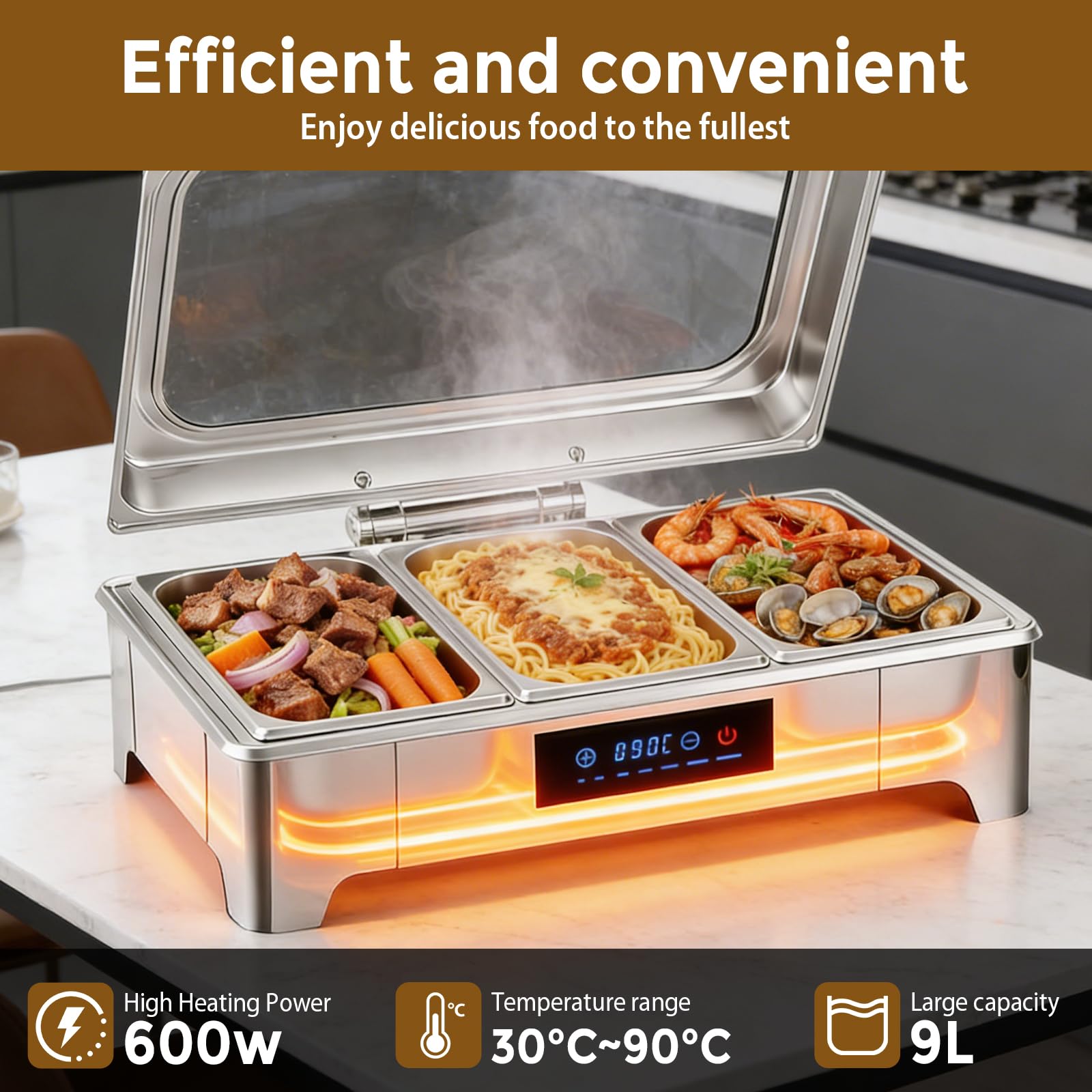 LIROPAU Pasto Chafing Dish, scaldavivande in acciaio inox da 9 l, con coperchio in vetro visibile, 3 contenitori in acciaio inox per feste, matrimoni, buffet e feste (3 set da 1/3 + 1/3 + 1/3 GN)