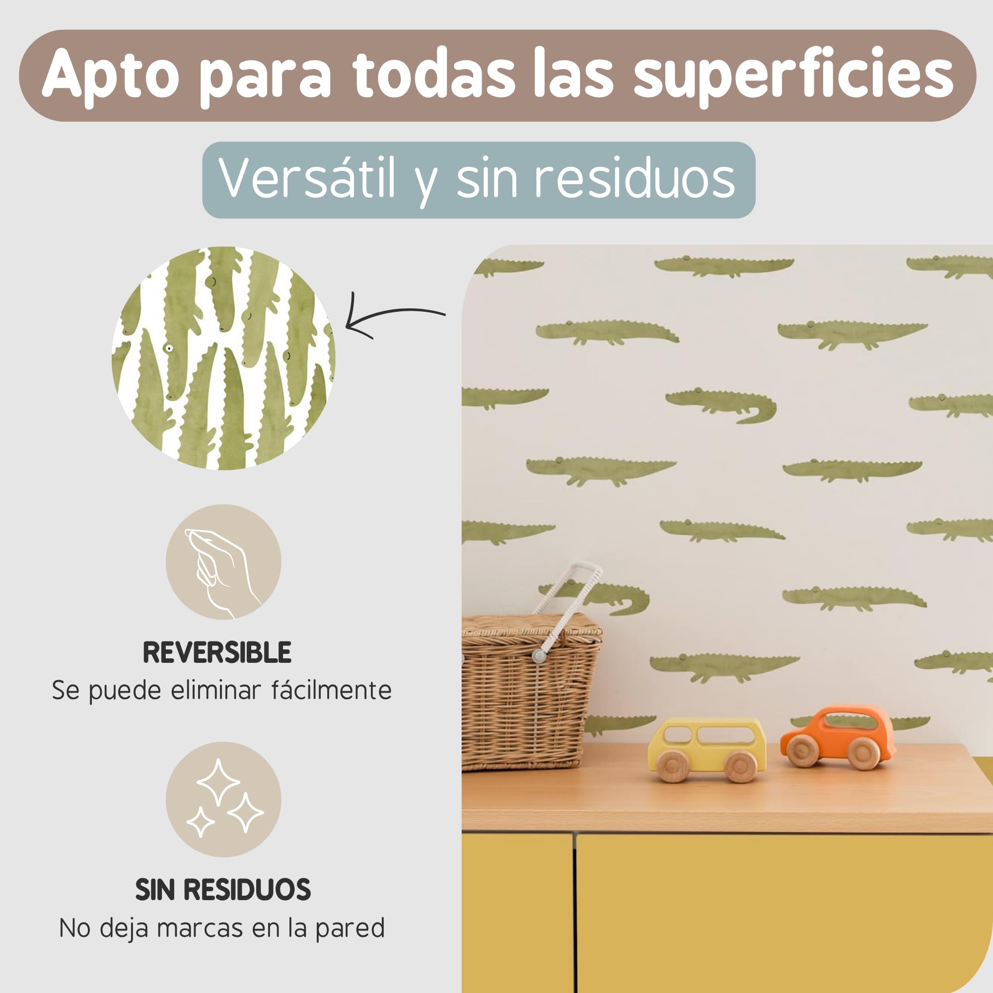 Pegatinas Pared Decorativas Infantiles Cocodrilo | 6 Láminas, 84 Cocodrilos Adhesivos | Vinilo Adhesivo Pared | Efecto Papel Pintado | Cubre 9 m² | TRESXICS (Caqui)