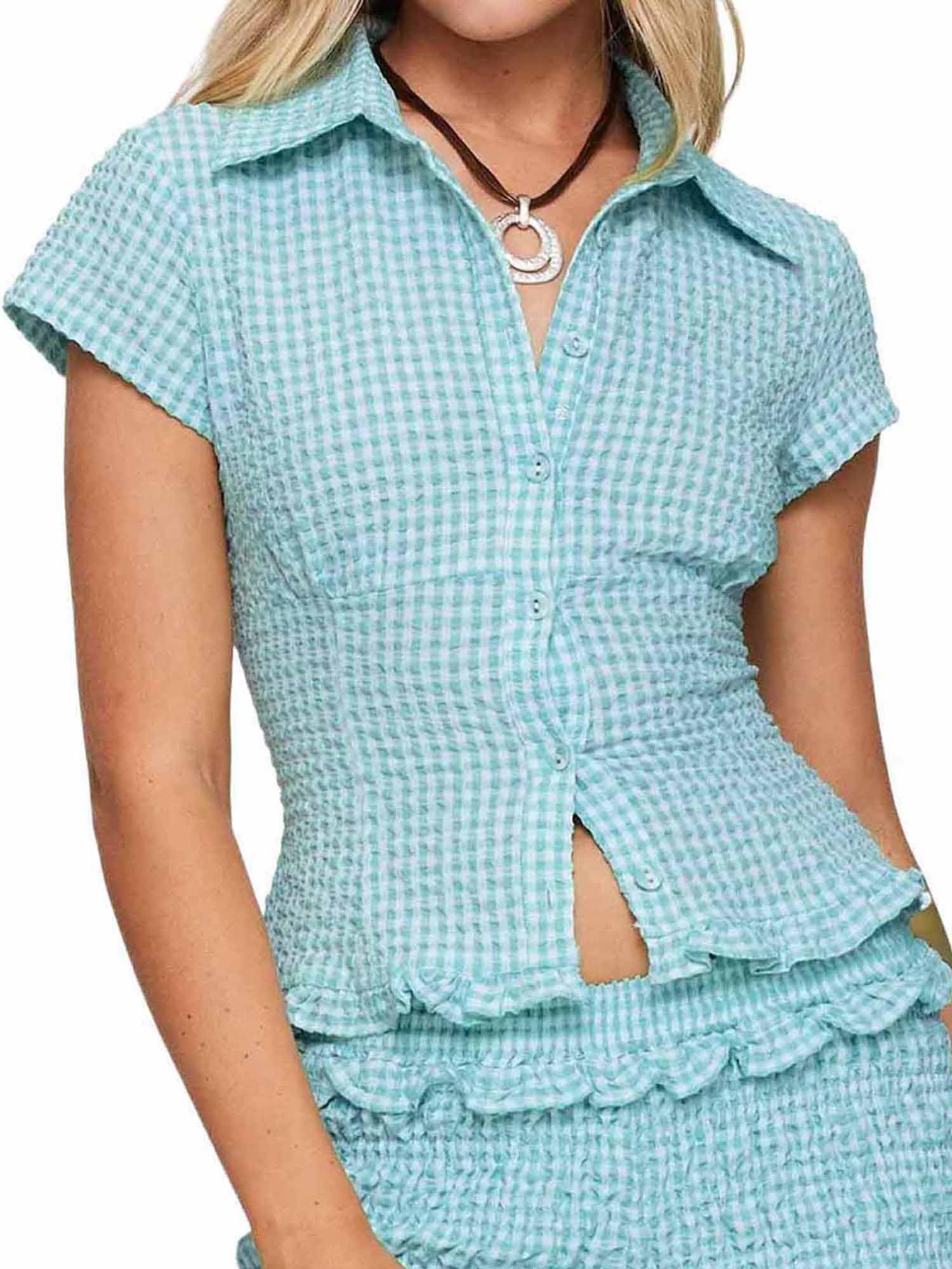 SANSIWU Womens Y2k Plaid Button Down Shirt Gingham Short Sleeve Collared Slim Fit Blouse Tops Casual Summer Tops Streetwear (C-Sky Blue, S)