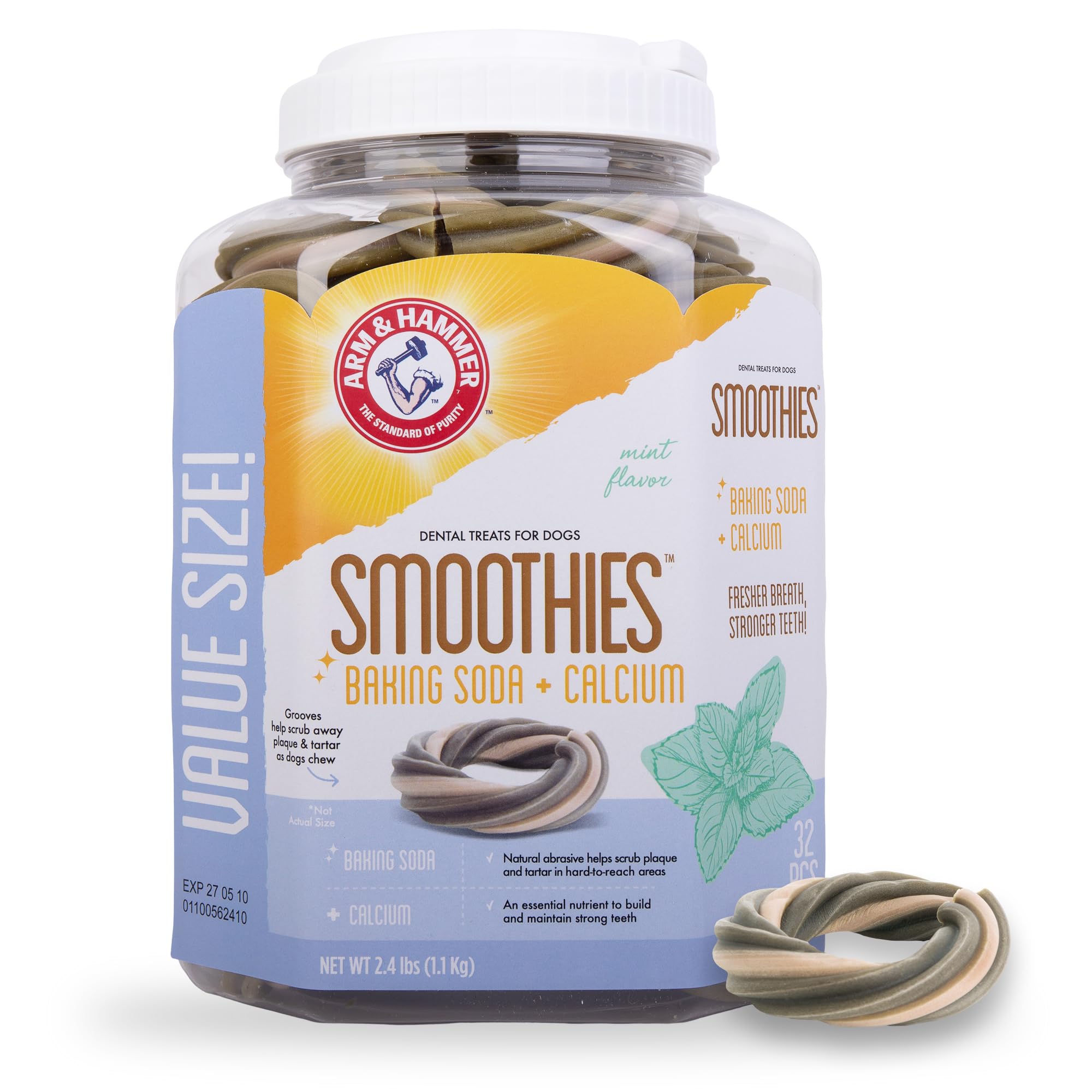 Arm & Hammer for Pets Smoothies Dental Treats for Dogs with Baking Soda and Calcium, Help Fight Bad Breath, Plaque & Tartar without Brushing, Mint, Ring Shaped, 32 Pcs (Packaging may vary)