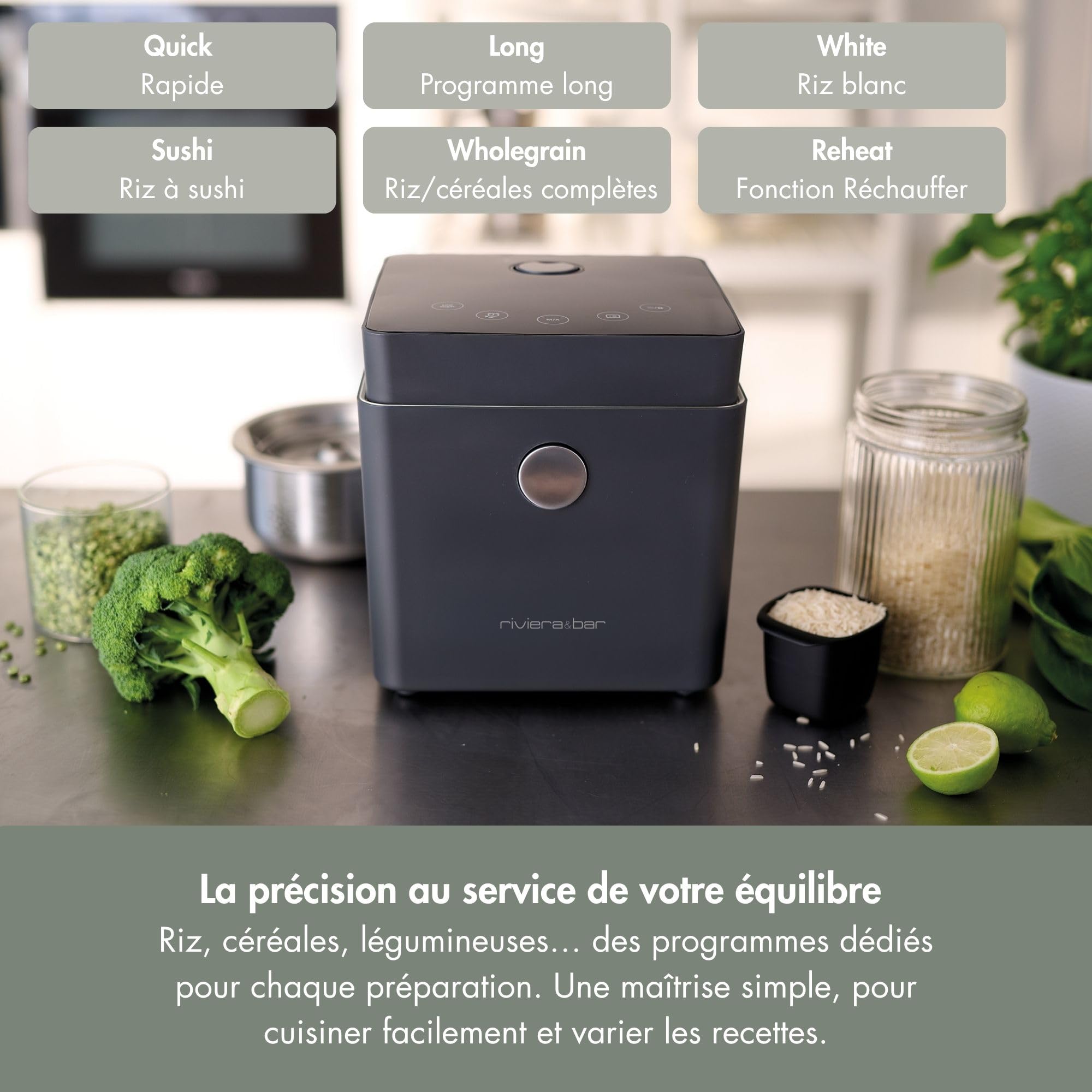 riviera&bar Cuiseur à Riz Low Sugar – Réduction de l'Amidon – 5 Programmes de Cuisson – Cuve Inox Sans Revêtement – Maintien au Chaud jusqu'à 24 h – Compatible Lave-Vaisselle